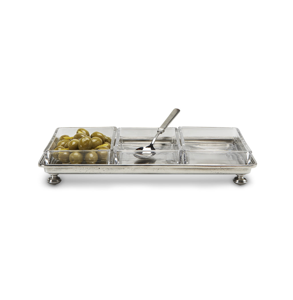 Front view of Footed Crudité Tray showcasing three compartments and raised pewter feet with white background
