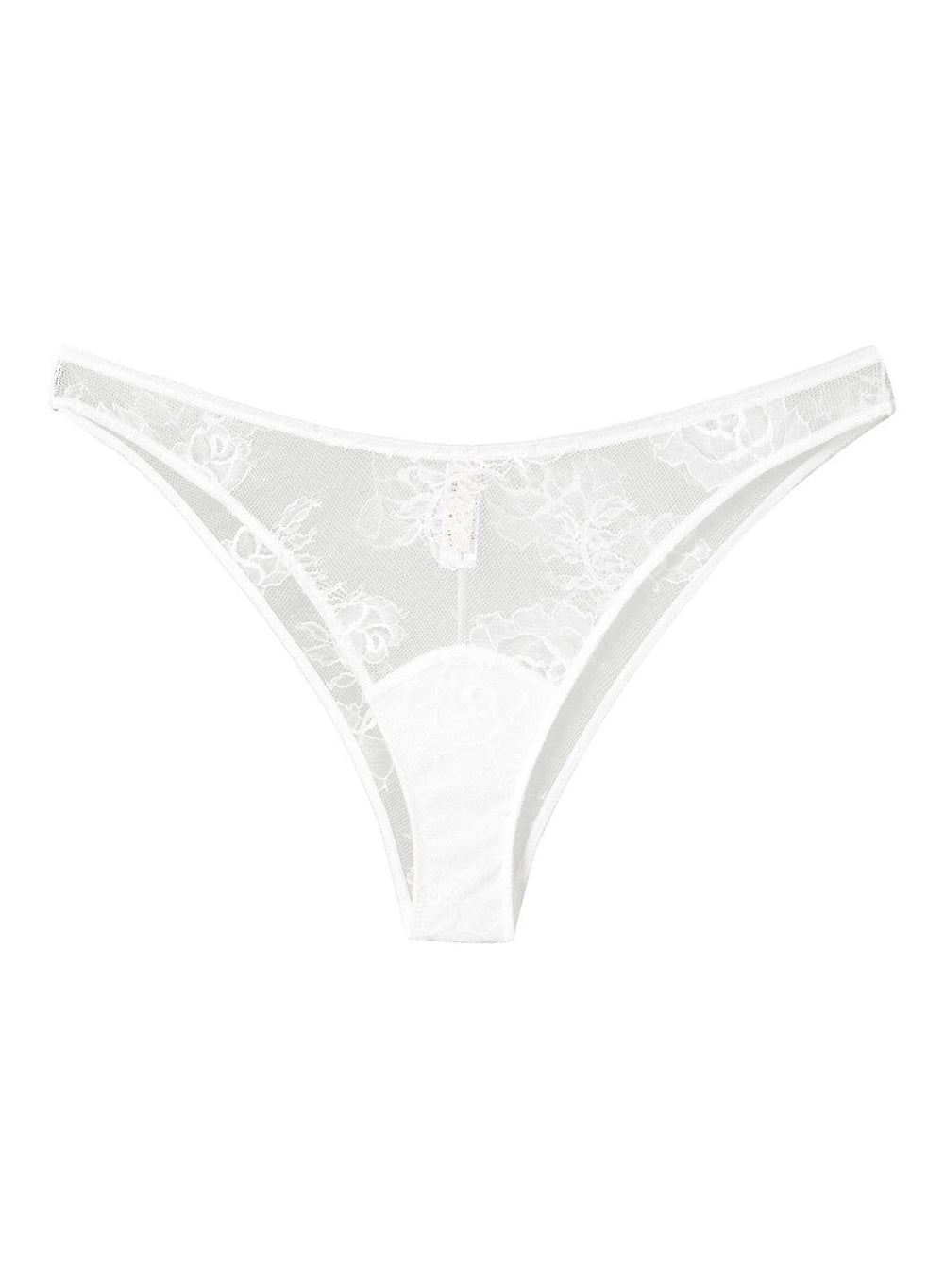 Front flat lay of Bouquet Lace Cheeky thong in snow showcasing sheer floral lace and mid-cheek cut on white background