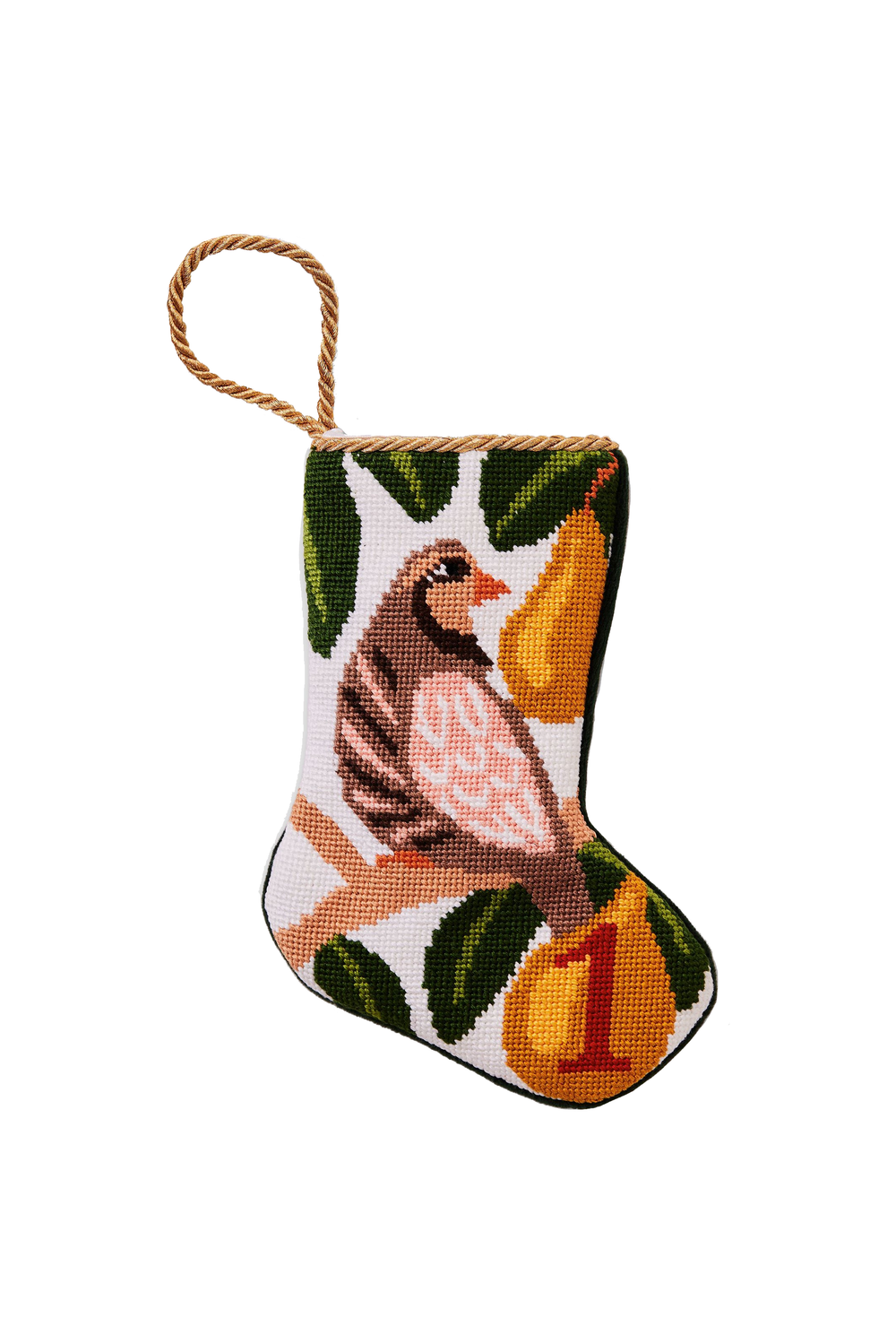 Front view of the 12 Days of Christmas Bauble Stocking showcasing a partridge in a pear tree and number 1 on white