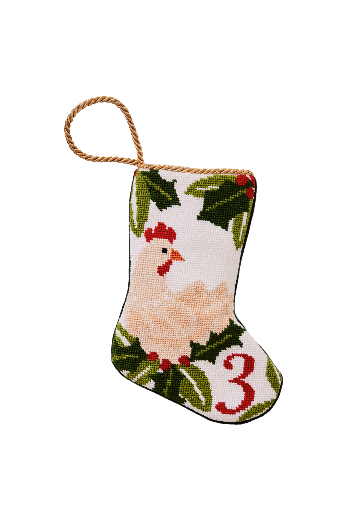 Front view of 3 French Hens mini stocking with chicken, holly, and number 3 needlepoint design on white background