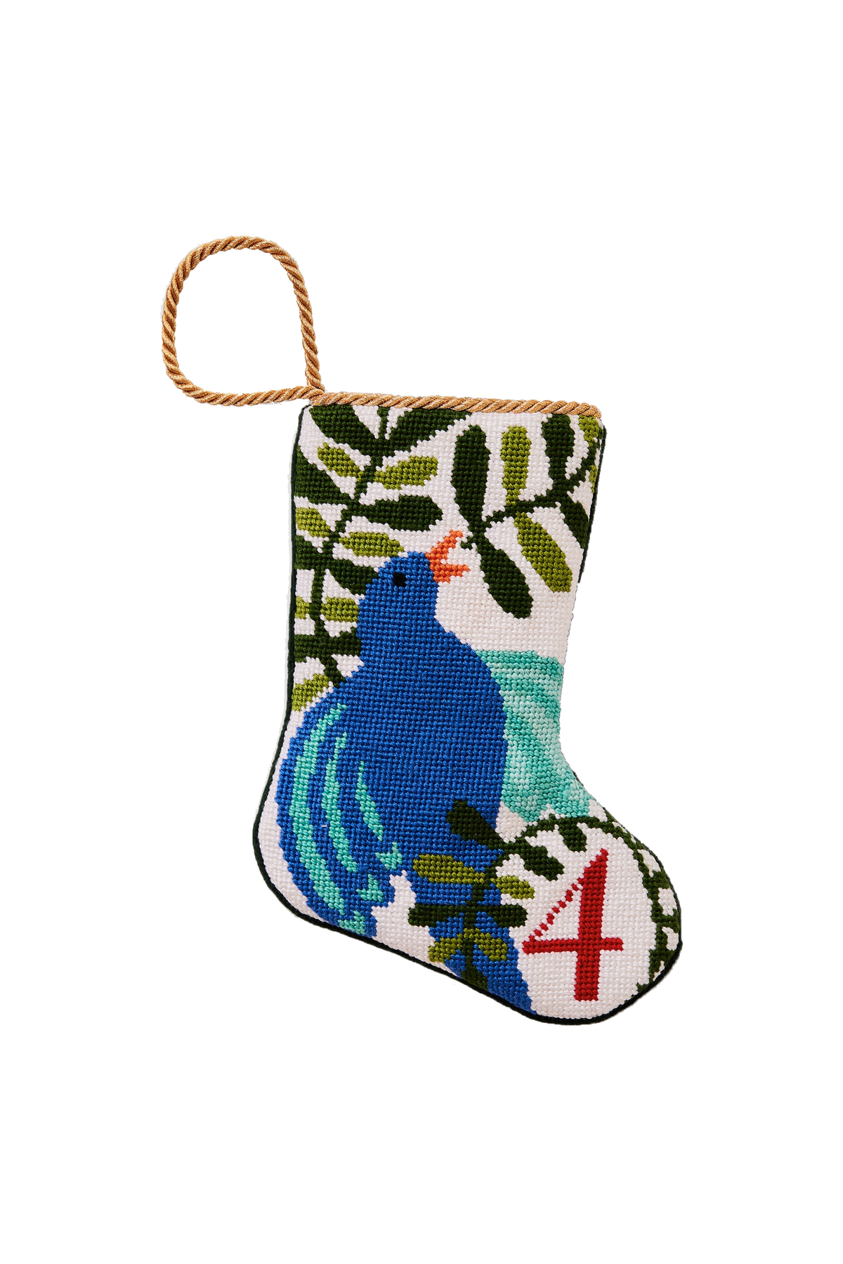 Front of 12 Days of Christmas needlepoint bauble stocking with blue calling bird, green leaves, red 4, gold loop on white