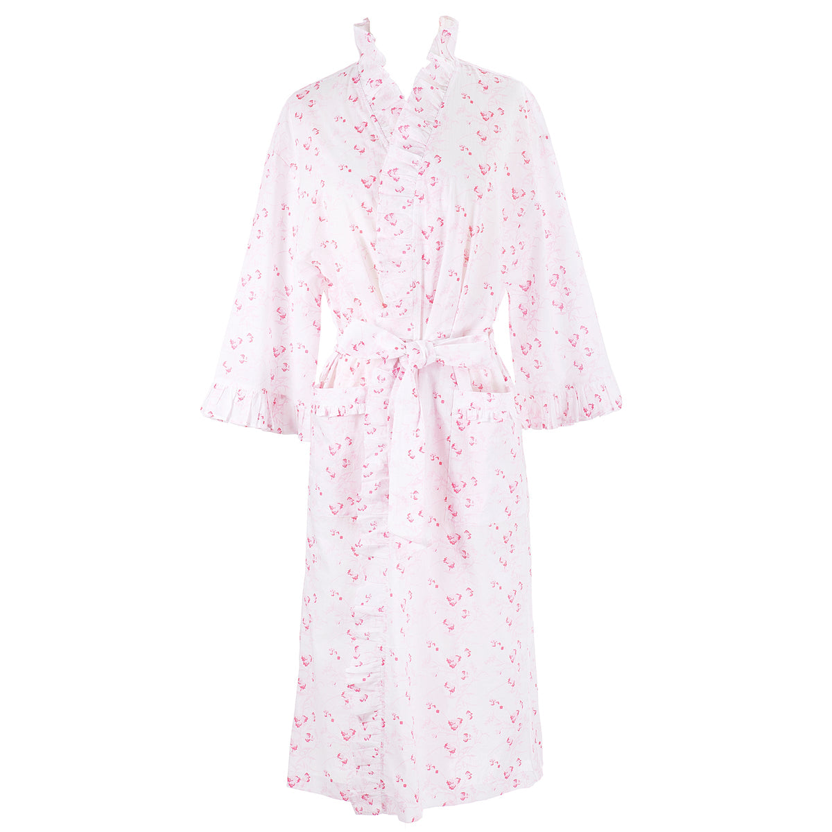 Front view of Lily Cotton Ruffle Robe showcasing pink lily of the valley floral cotton fabric, ruffled trim, belt and pockets on white background
