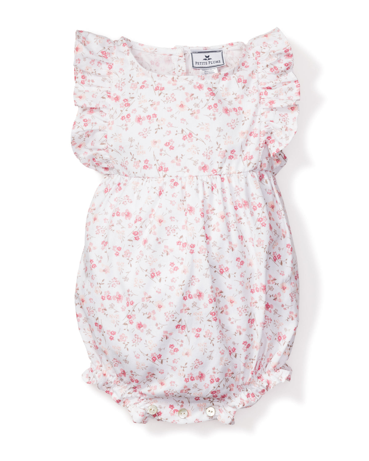 Top view of Children’s Dorset Floral Ruffled Romper showcasing pink floral print and ruffled sleeves with pearl buttons