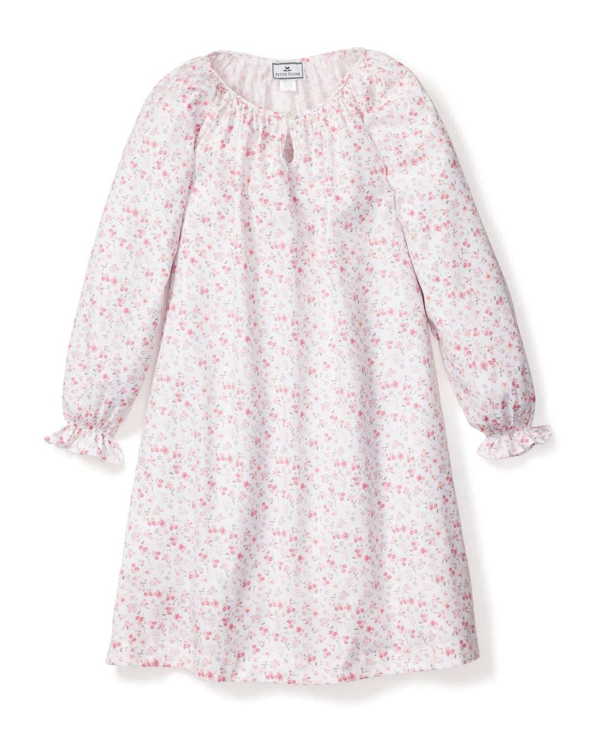Front view of Children’s Dorset Floral Delphine Nightgown showcasing pink floral print and bell sleeves on white background