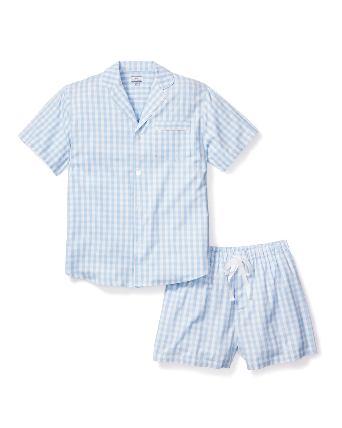 Front view of Men’s Light Blue Gingham Short Set showcasing pearl buttons and contrast piping on a white background