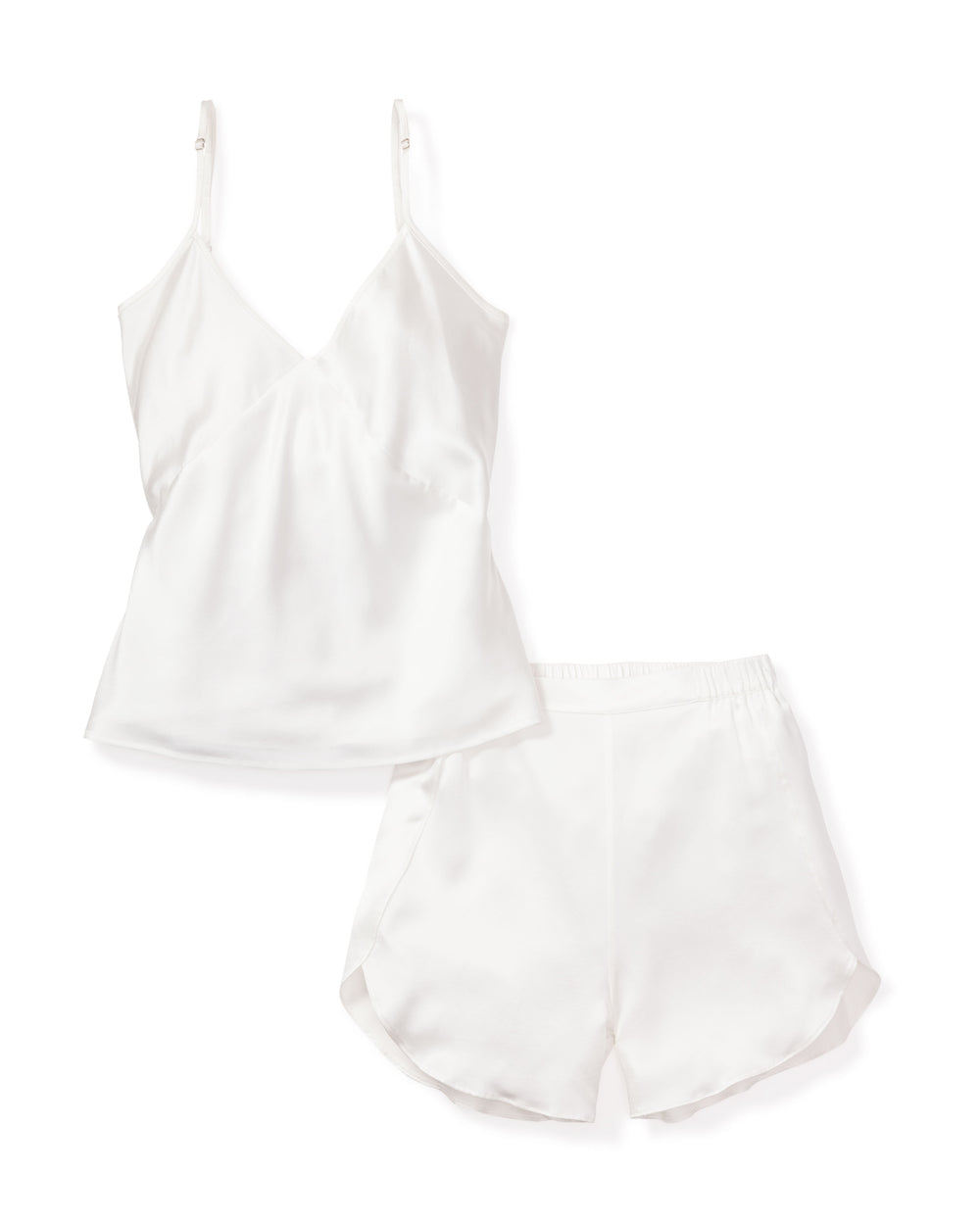 Front view of Women’s White Silk Short Set showcasing a camisole top and elastic-waist shorts on a white background