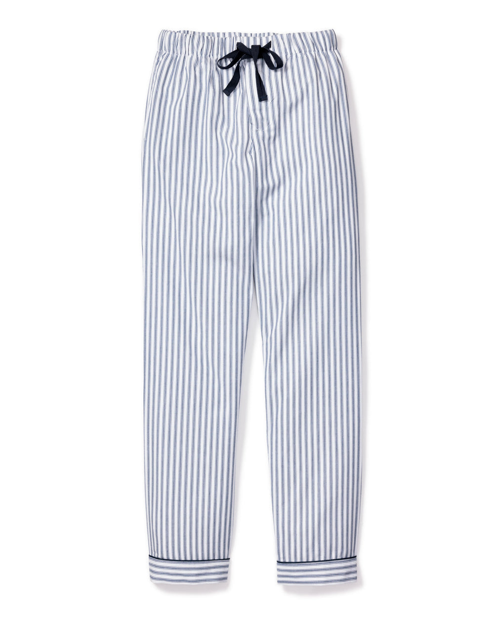 Flat lay of Men’s Navy French Ticking Pants showing navy stripes, elastic drawstring and cuffed hems on white