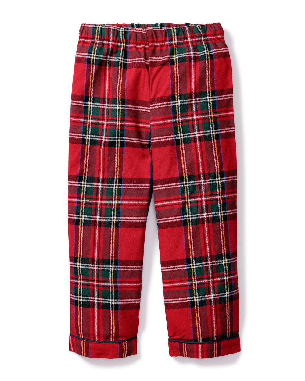 Front view of children’s Imperial Tartan pajama pants with red tartan pattern, elastic waistband, and cuffed hems