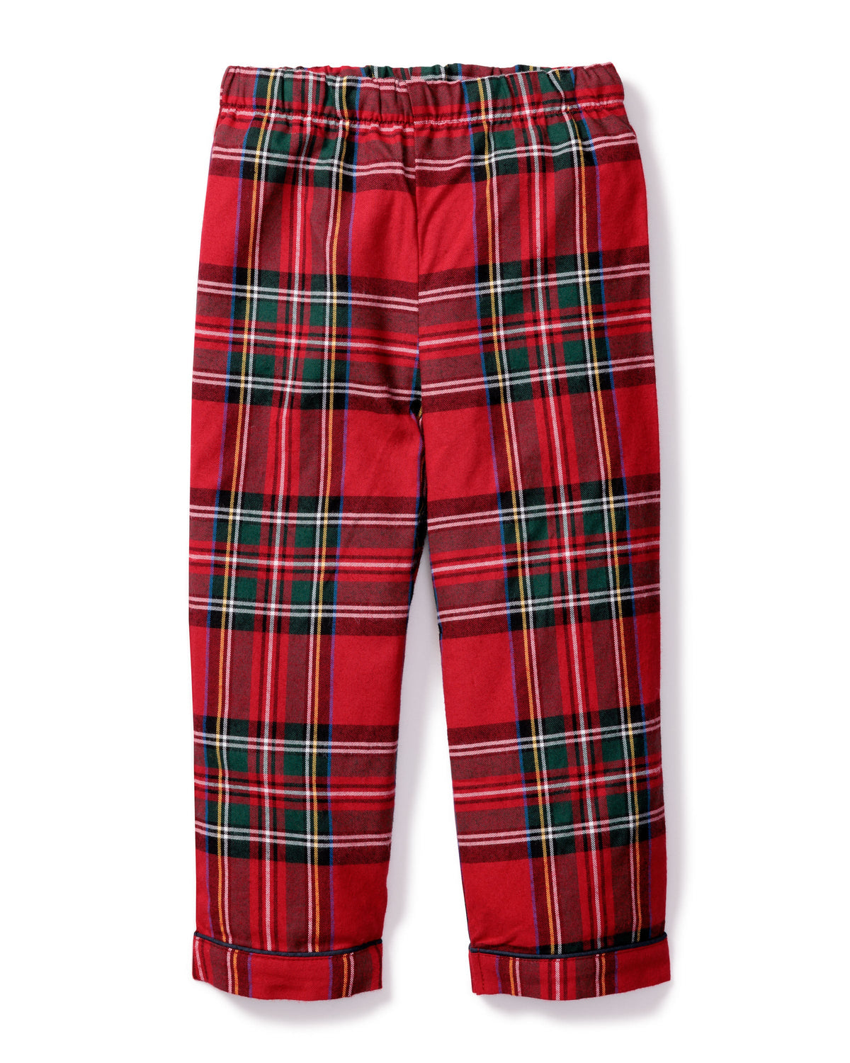 Front view of children’s Imperial Tartan pajama pants with red tartan pattern, elastic waistband, and cuffed hems