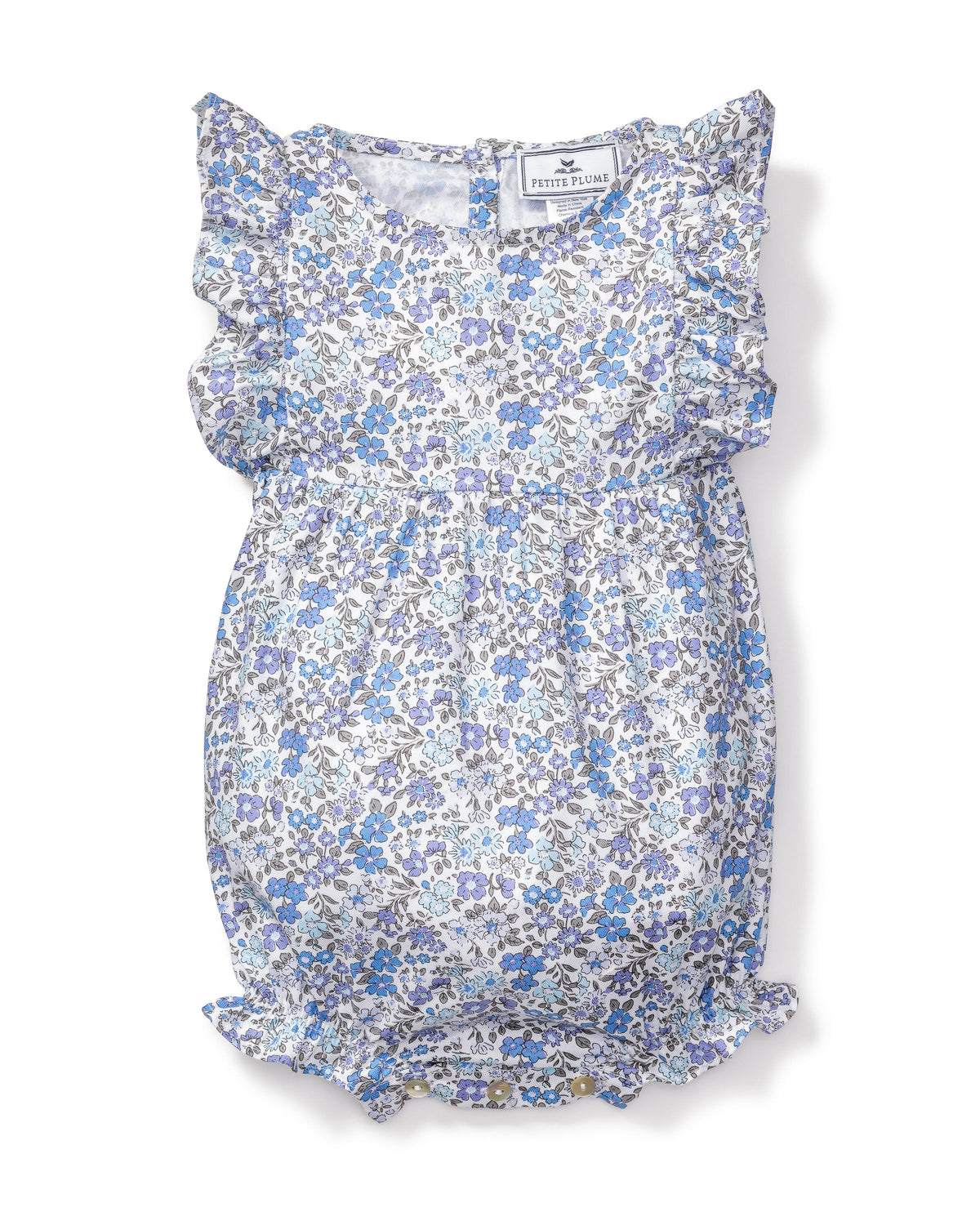 Front view of Children’s Fleur D’Azur Ruffled Romper with azure blue and gray floral print, ruffles, and pearl buttons