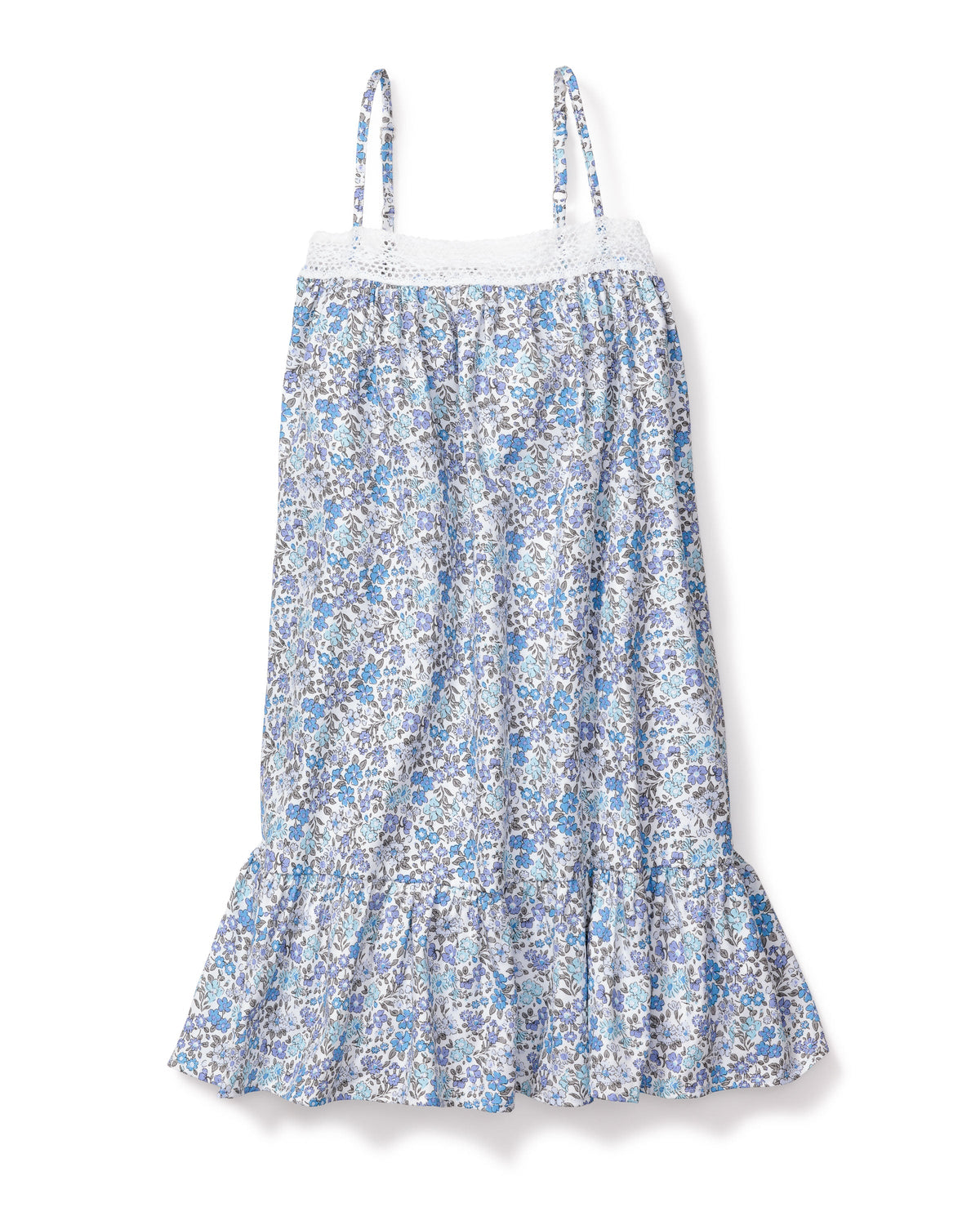 Front view of Fleur D’Azur Lily kids nightgown with blue floral print, crochet lace yoke, straps, ruffled hem on white