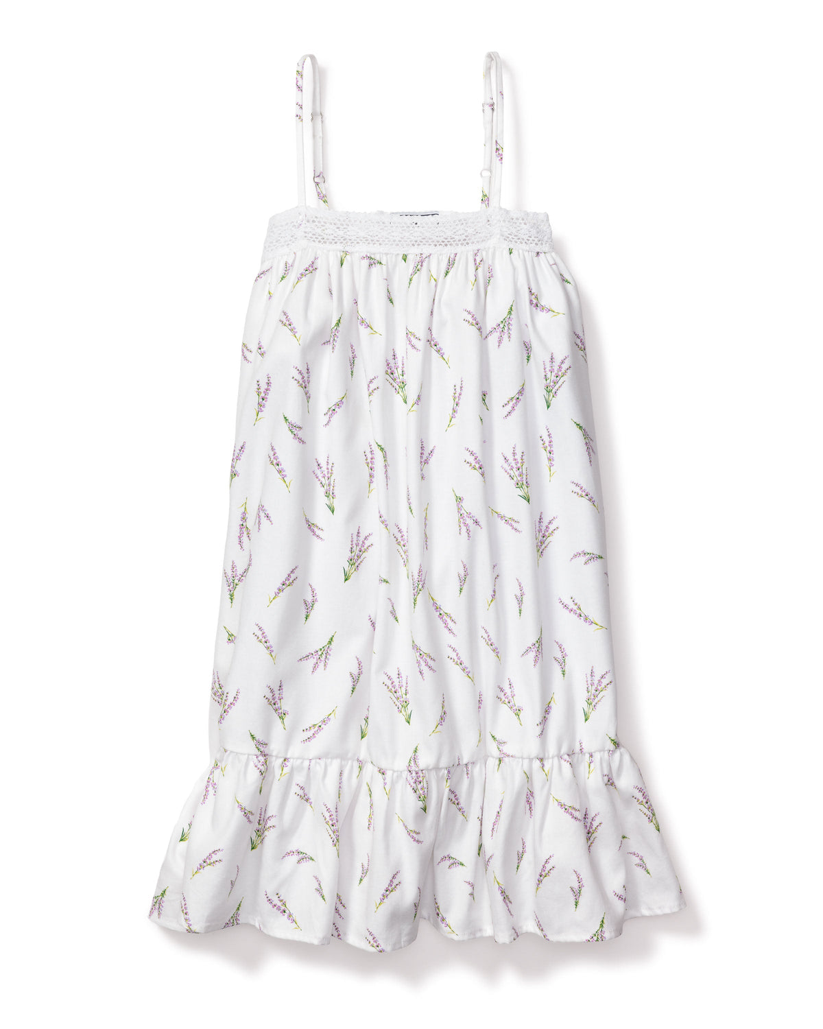 Front view of Children’s Lily nightgown with lavender sprig print, lace-trimmed bodice, adjustable straps and ruffled hem