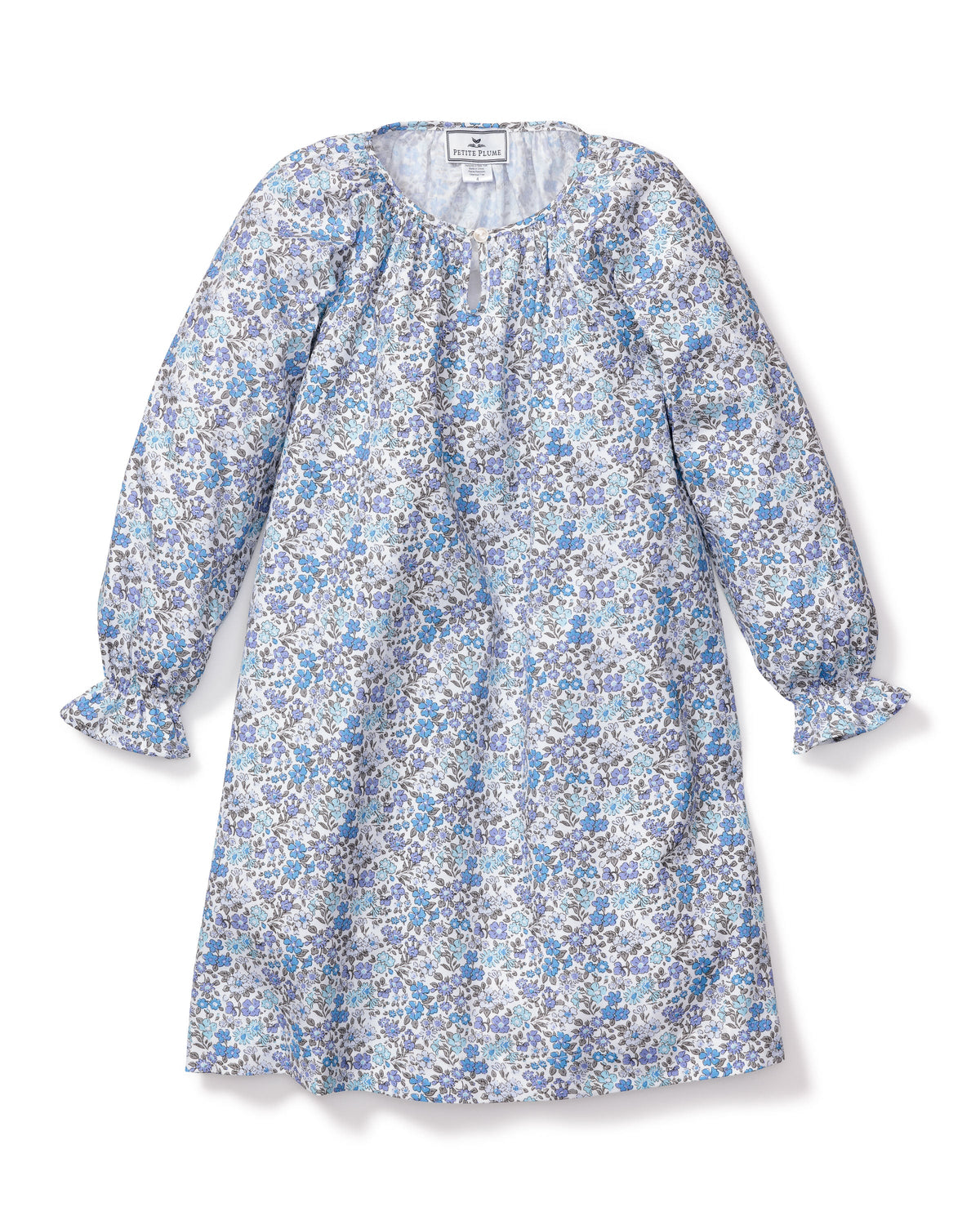 Front view of Children’s Fleur D’Azur Delphine Nightgown showing blue floral print, long sleeves, and ruffled cuffs