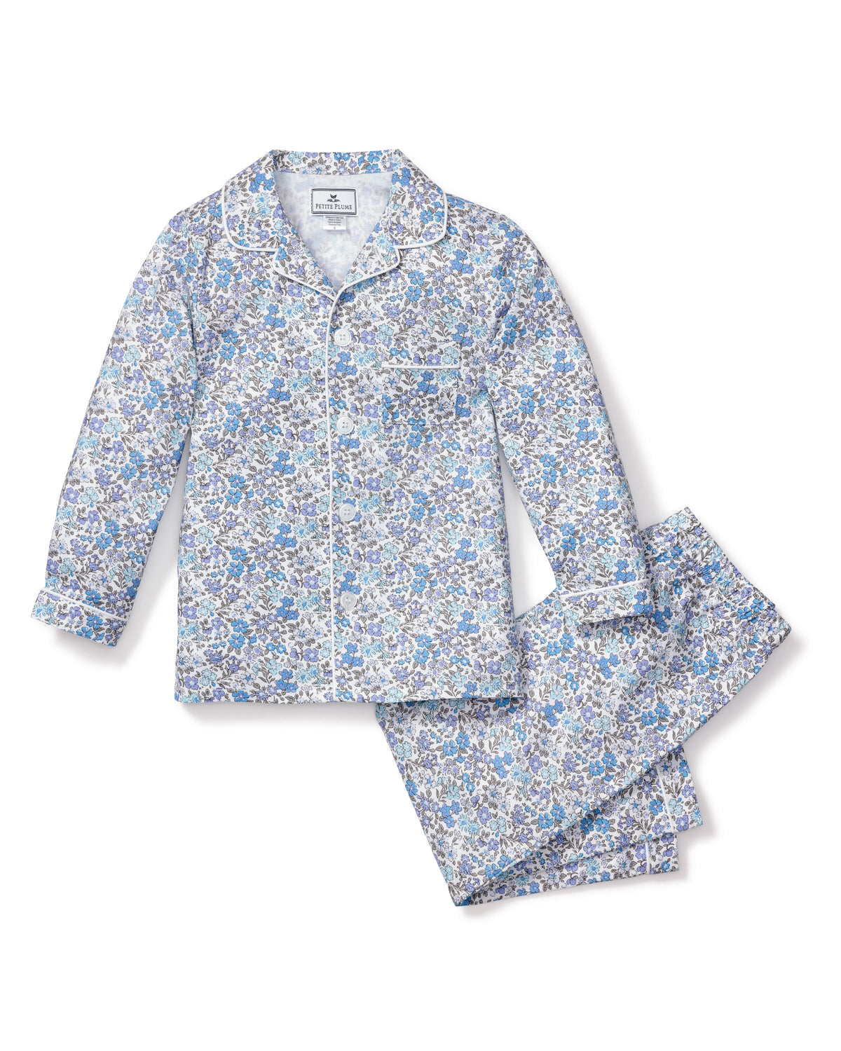 Front view of Children’s Fleur D’Azur Pajama Set showcasing blue and heather gray floral print, piping, and pearl buttons