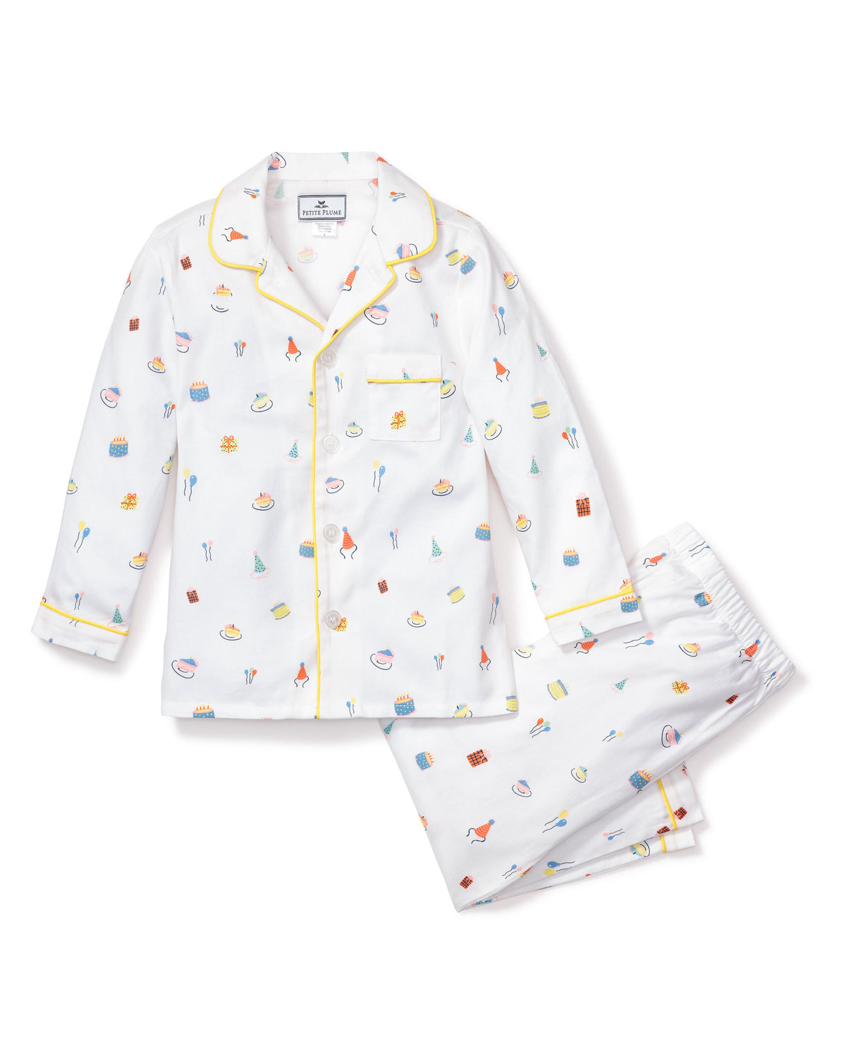 Front view of Children’s Birthday Wishes pajama set with yellow piped trim, button-front top and elastic-waist pants
