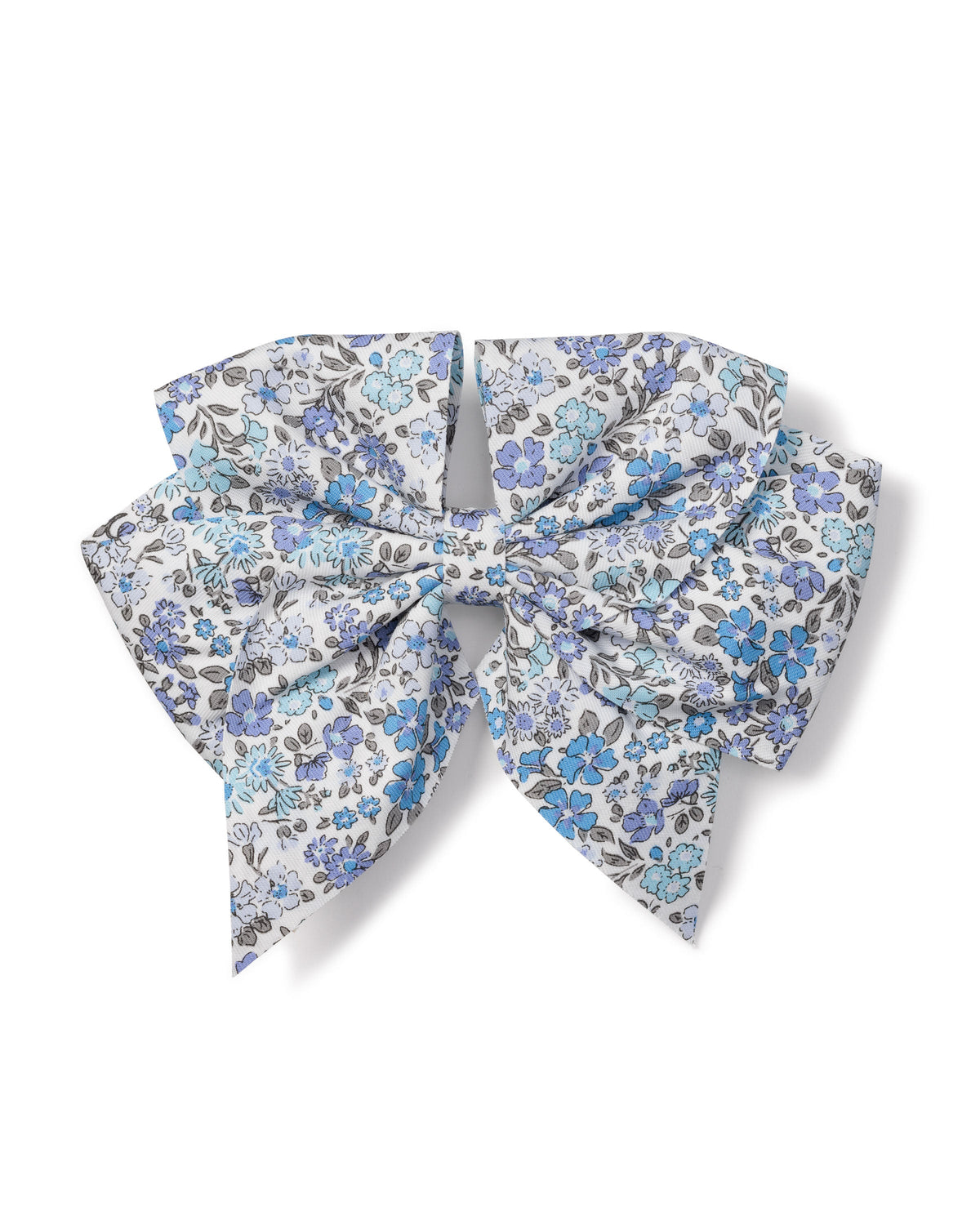 Front view of Children’s Fleur D’Azur Hair Bows showcasing blue floral cotton fabric on a white background
