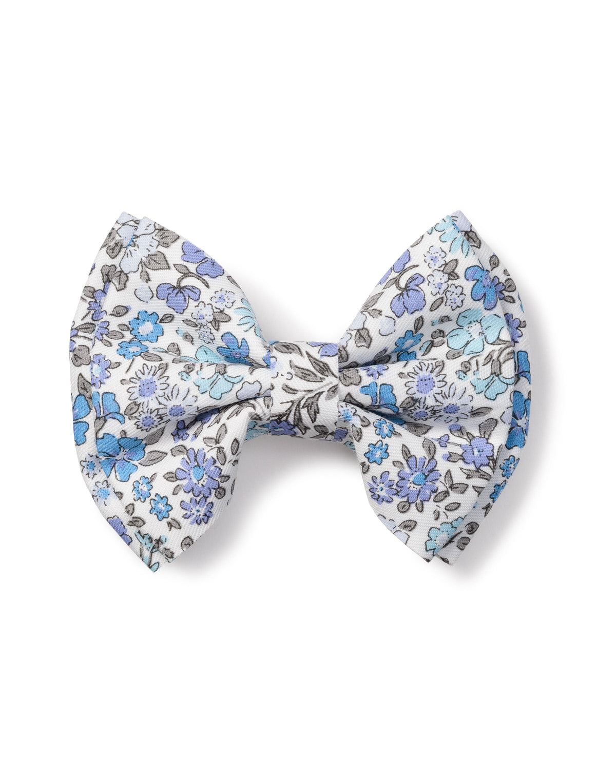 Front view of Children’s Fleur D’Azur Hair Bows showcasing blue and lavender floral pattern on white cotton with white background