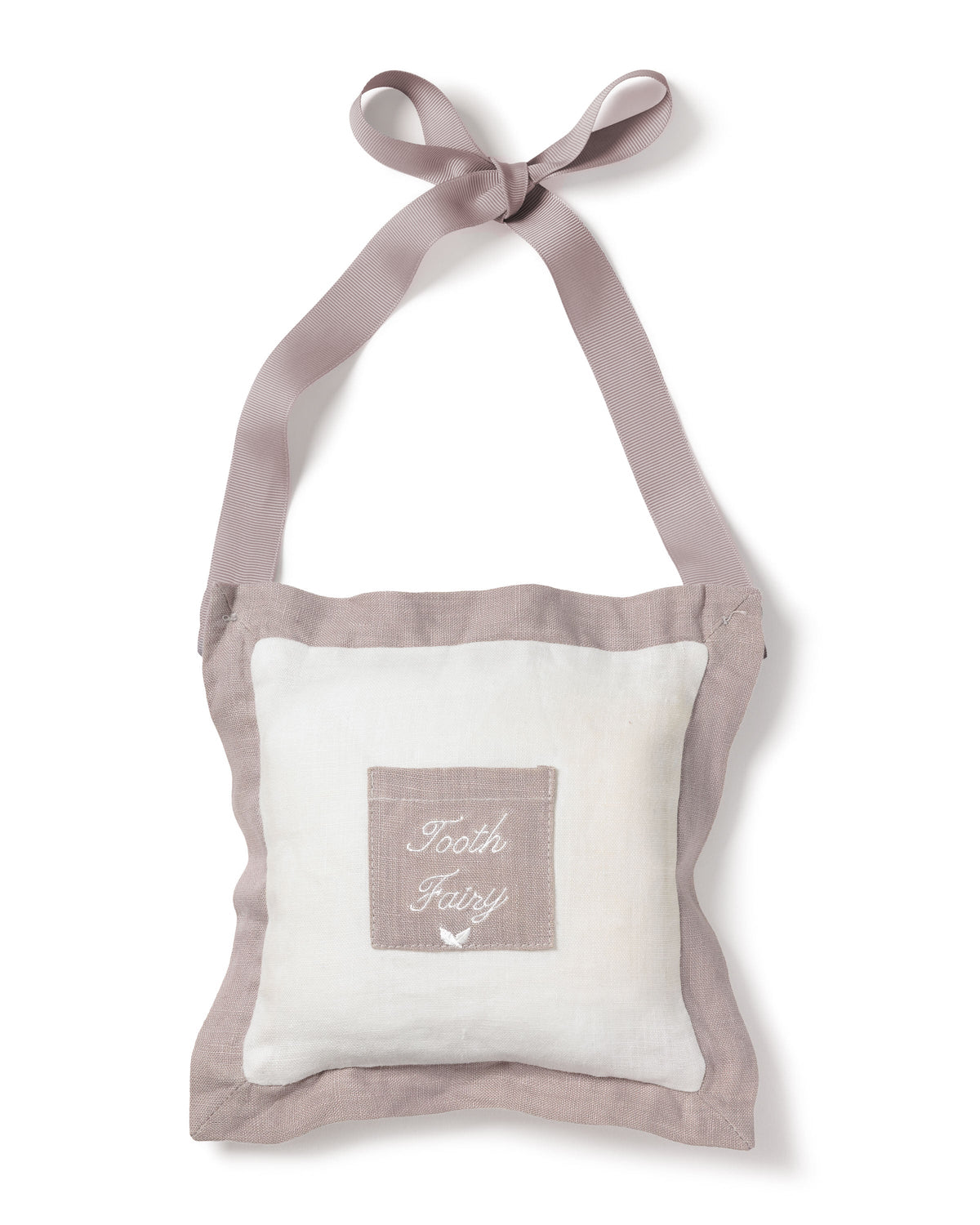 Front view of grey Tooth Fairy pillow showcasing embroidered patch pocket and detachable fabric handle on a white background