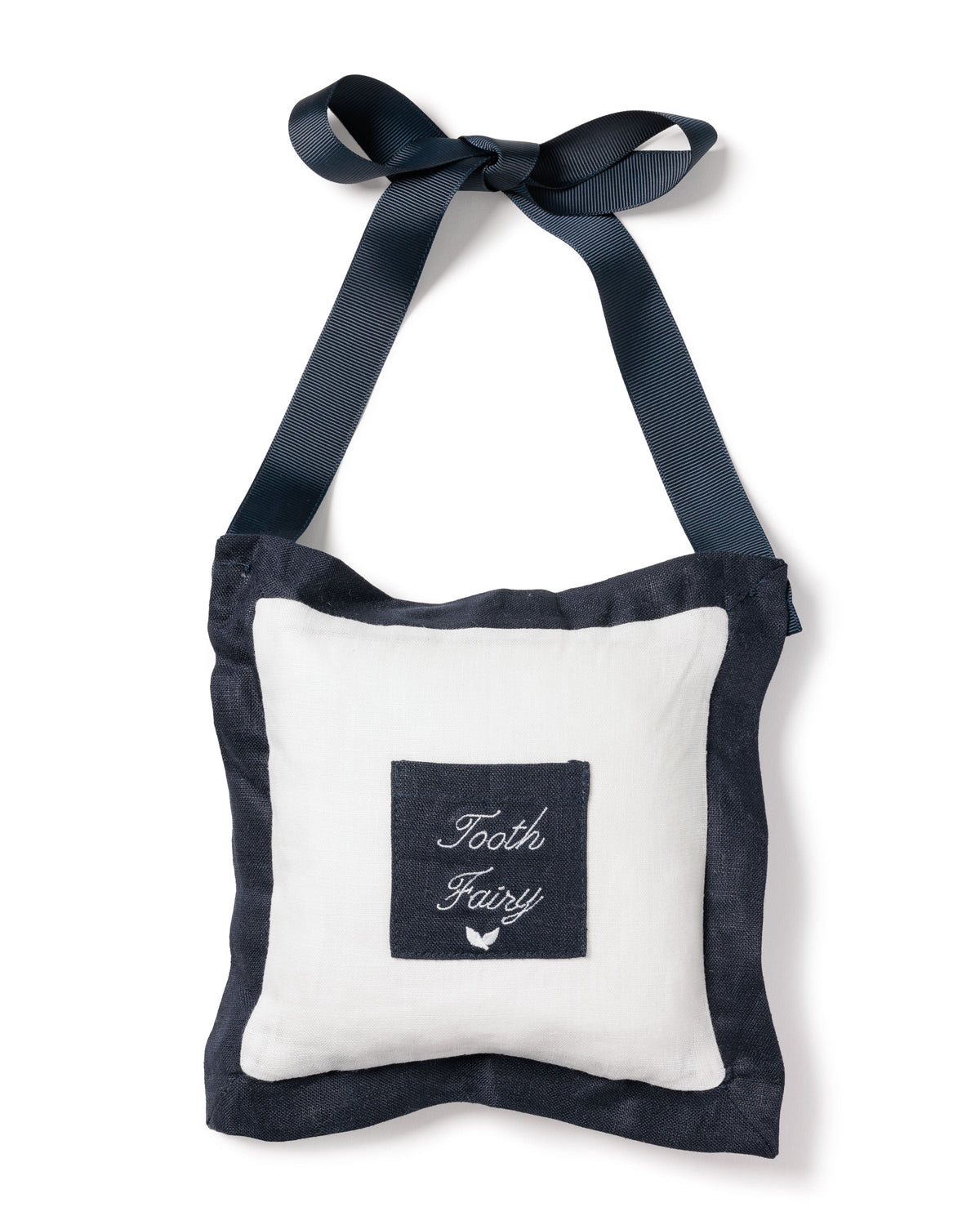 Front view of Navy Tooth Fairy Pillow showcasing embroidered Tooth Fairy pocket and detachable fabric handle on a white background