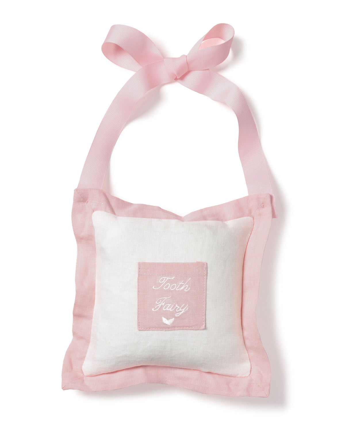 Front view of Pink Tooth Fairy Pillow showcasing an embroidered Tooth Fairy pocket and fabric handle with white background