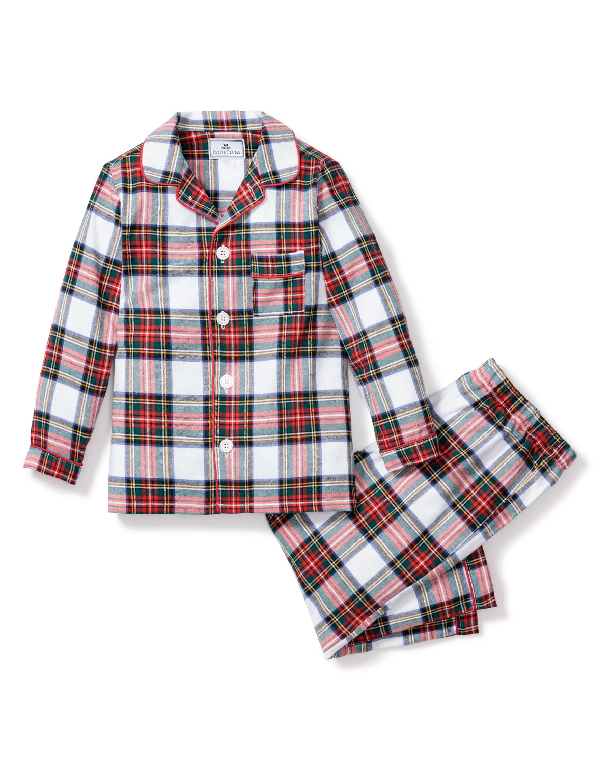 Front view of Children’s Balmoral Tartan Pajama Set showcasing plaid pattern, contrast piping, pearl buttons on white background
