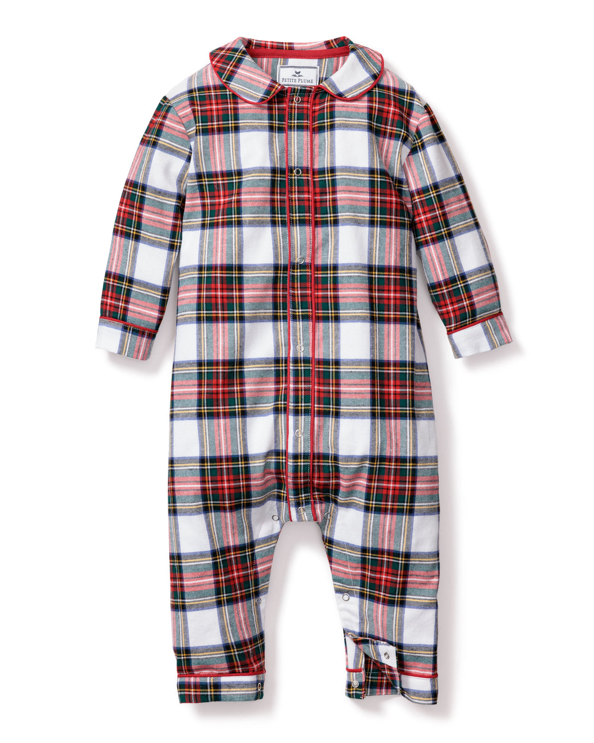 Front view of Balmoral Tartan Cambridge Romper showcasing plaid pattern, rounded collar, and snap closures on white background
