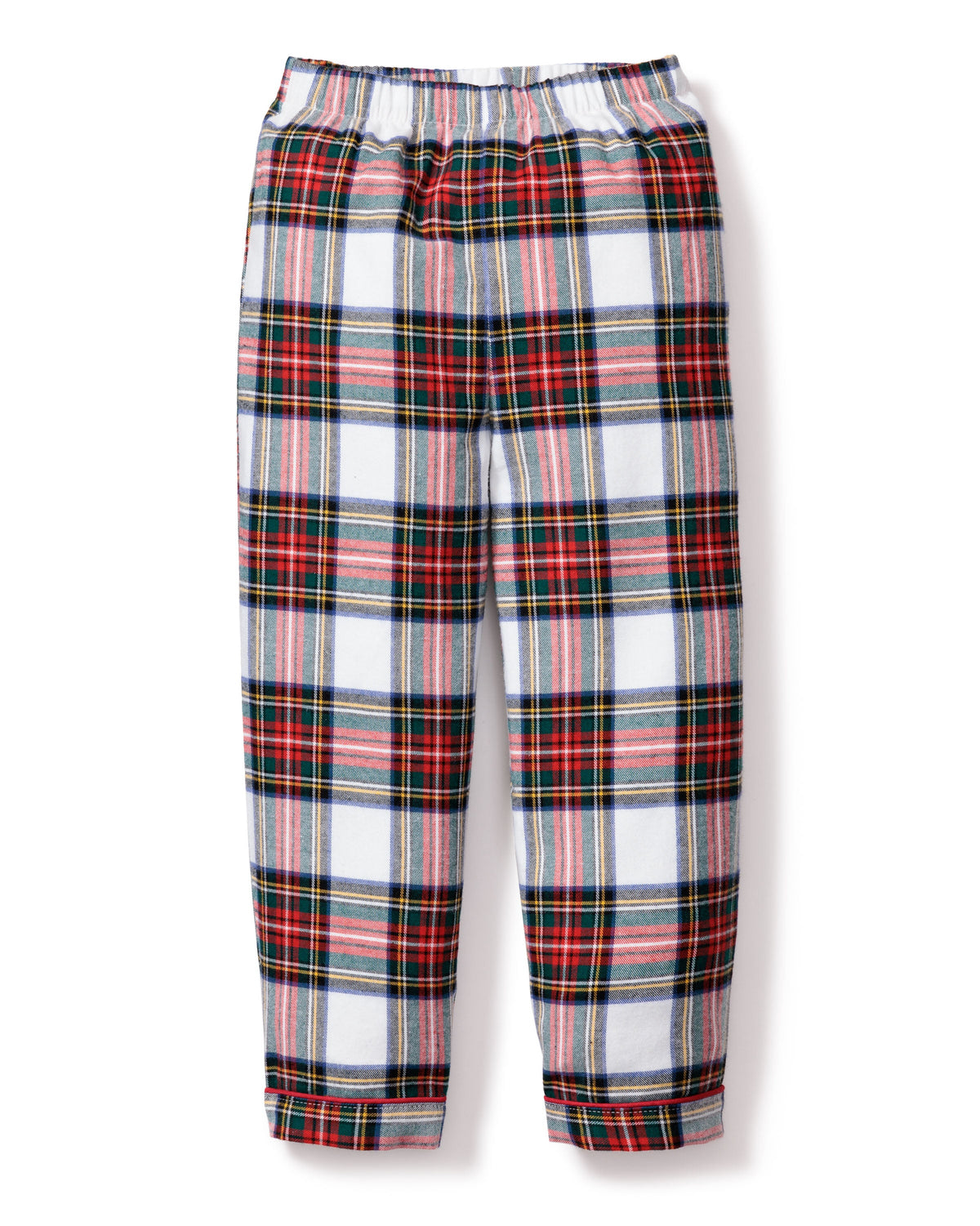 Front view of children’s Balmoral tartan pajama pants with red and green plaid, elastic waistband and cuffed ankles on white background