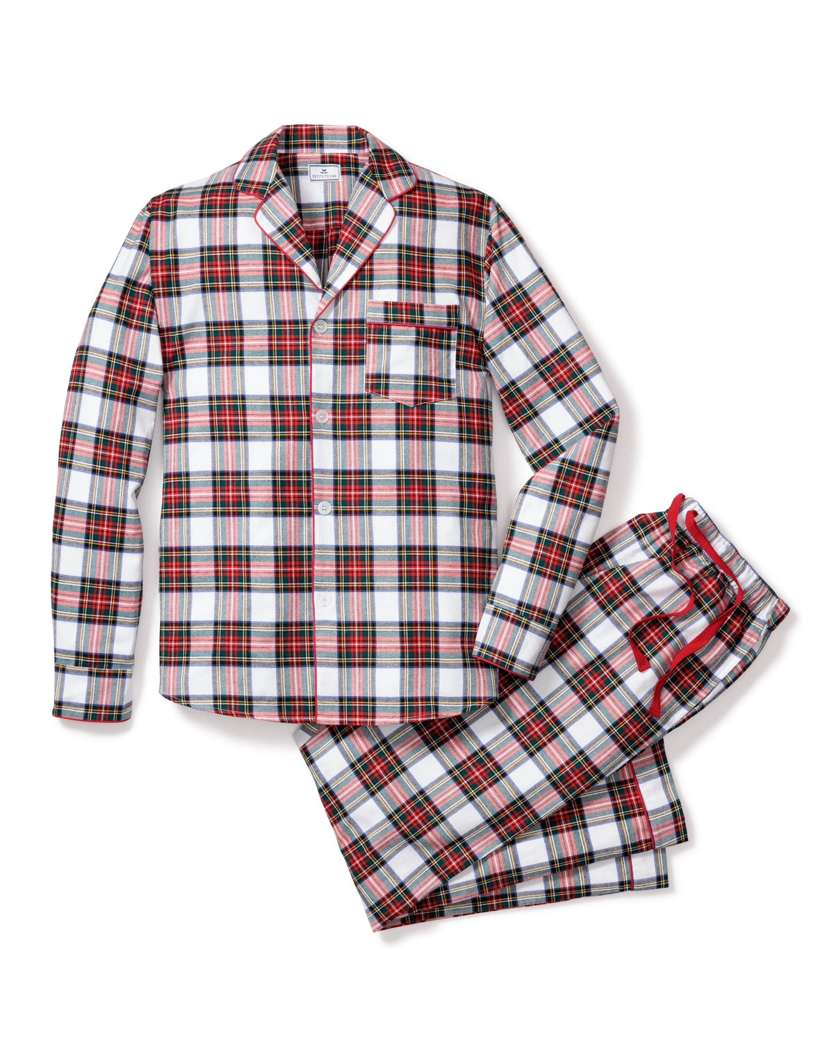 Top view of Men’s Balmoral Tartan Pajama Set showcasing tartan pattern, contrast piping, and pocket on white background