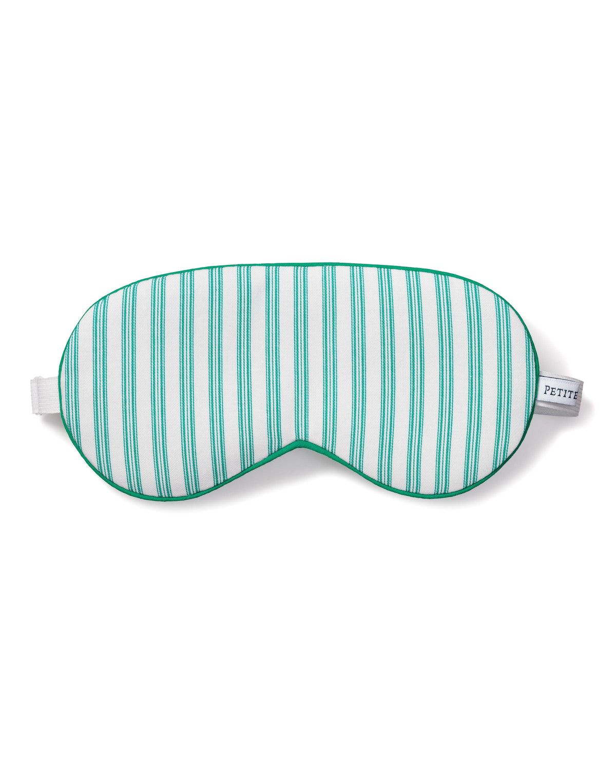 Front view of adult Emerald Ticking sleep mask showing white fabric with green vertical stripes, green piped edge, and elastic strap on white background