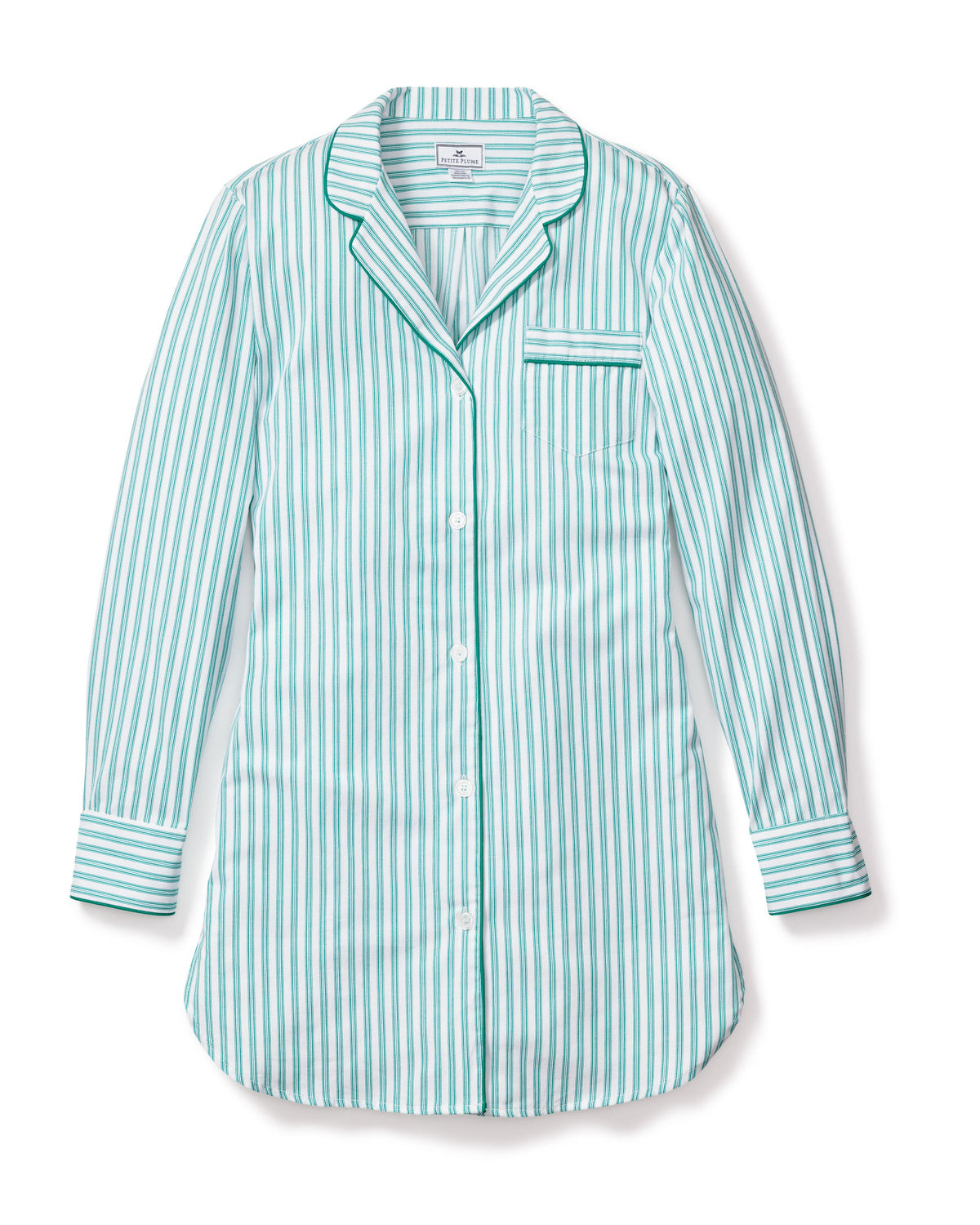 Front flat lay of Emerald Ticking Nightshirt showing green stripes, contrast piping, button front and pocket on white