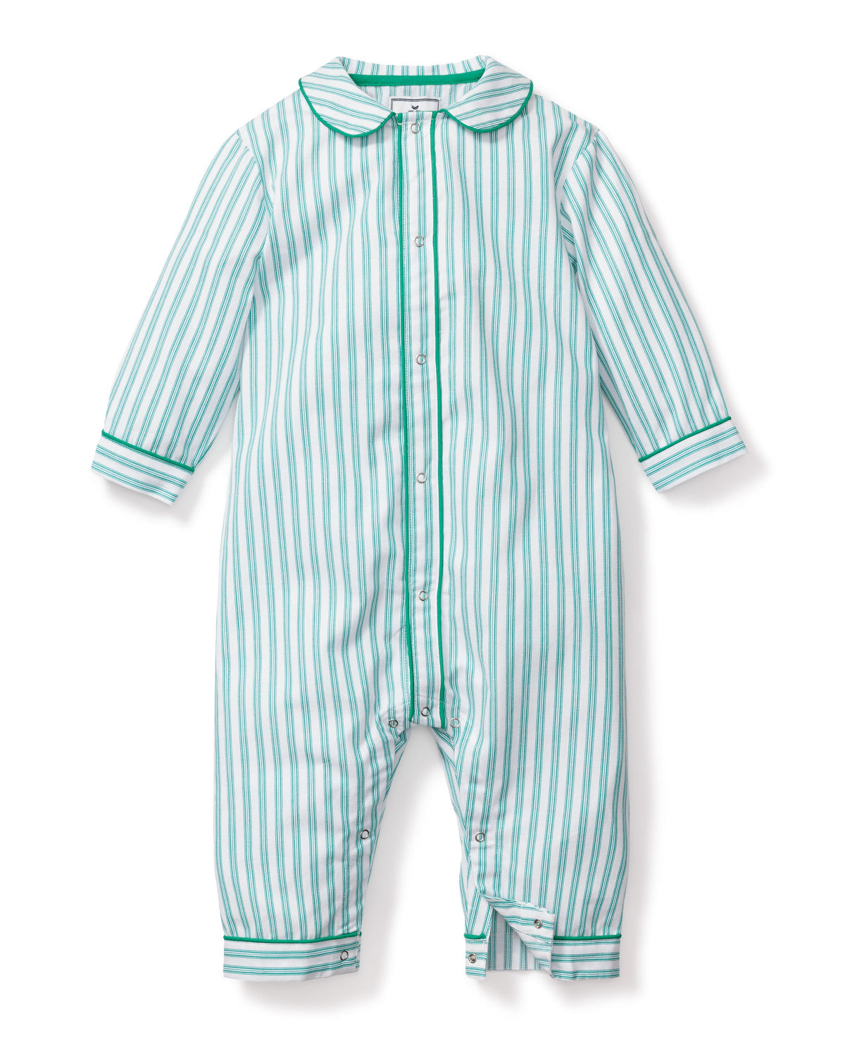 Front view of Emerald Ticking Cambridge Romper showcasing emerald ticking stripes, Peter Pan collar, and snap closures on white background