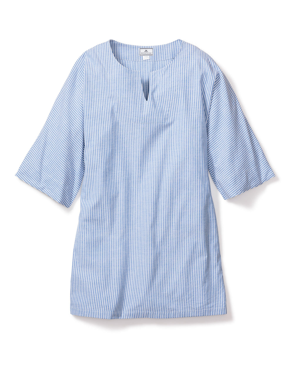 Flat-lay front of women’s French blue seersucker short caftan with vertical stripes, elbow sleeves, and notch neckline
