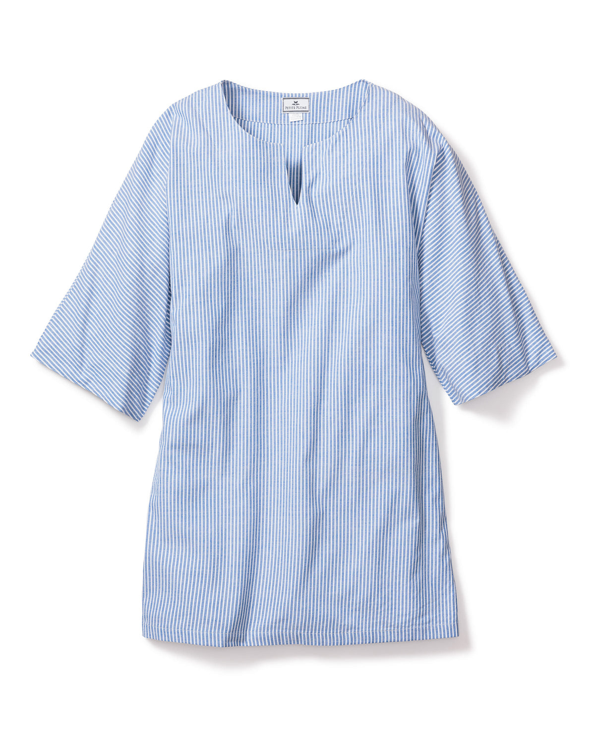 Flat-lay front of women’s French blue seersucker short caftan with vertical stripes, elbow sleeves, and notch neckline