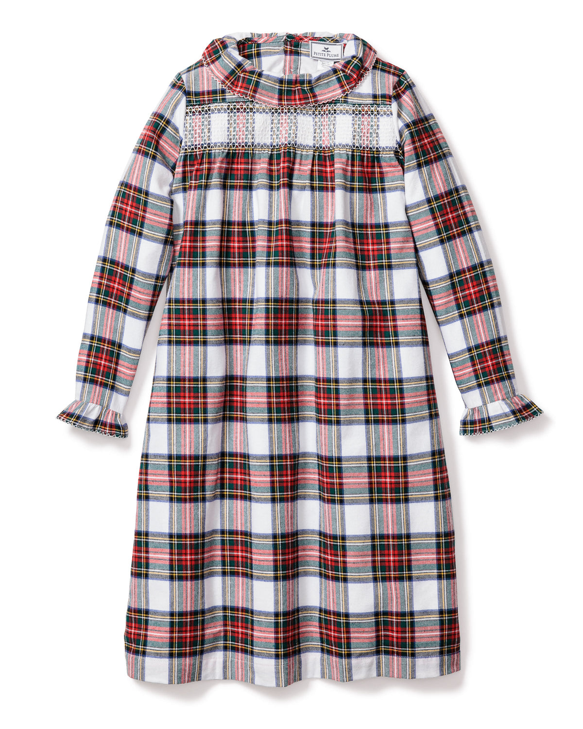 Front view of Children’s Balmoral Tartan Eloise Nightgown showcasing smocked yoke, ruffled collar and full sleeves on white