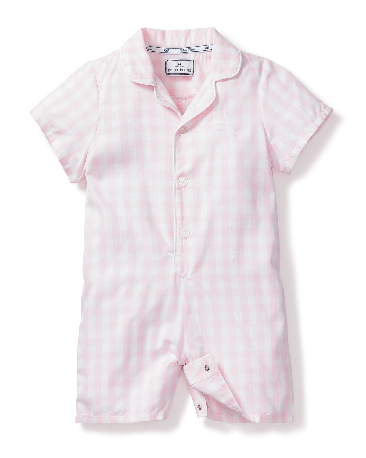 Front view of Children’s Pink Gingham Summer Romper showcasing delicate collar and button front on white background