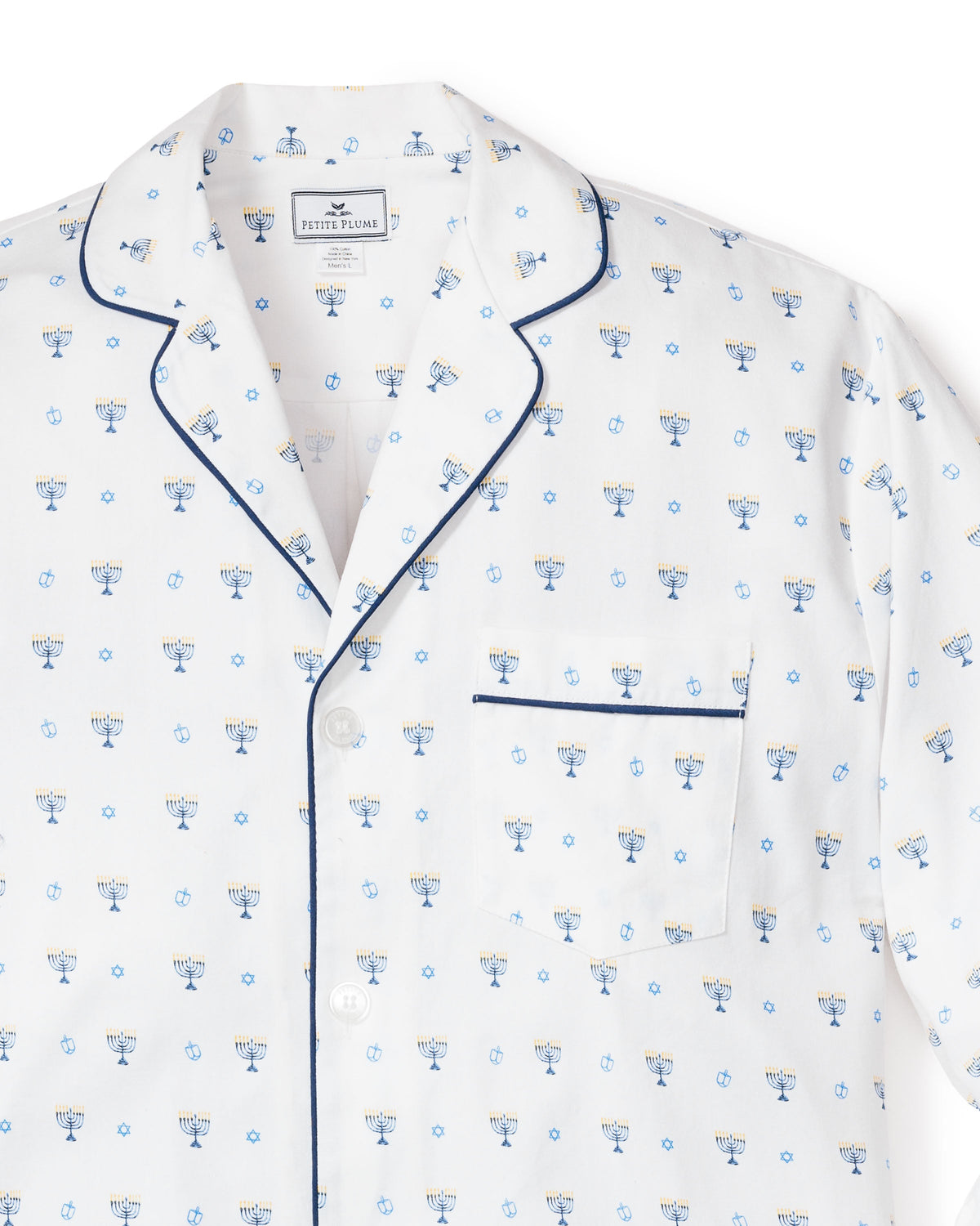 Front close-up of Men’s Happy Hanukkah Pajama Set showcasing Hanukkah print and contrast piping on white