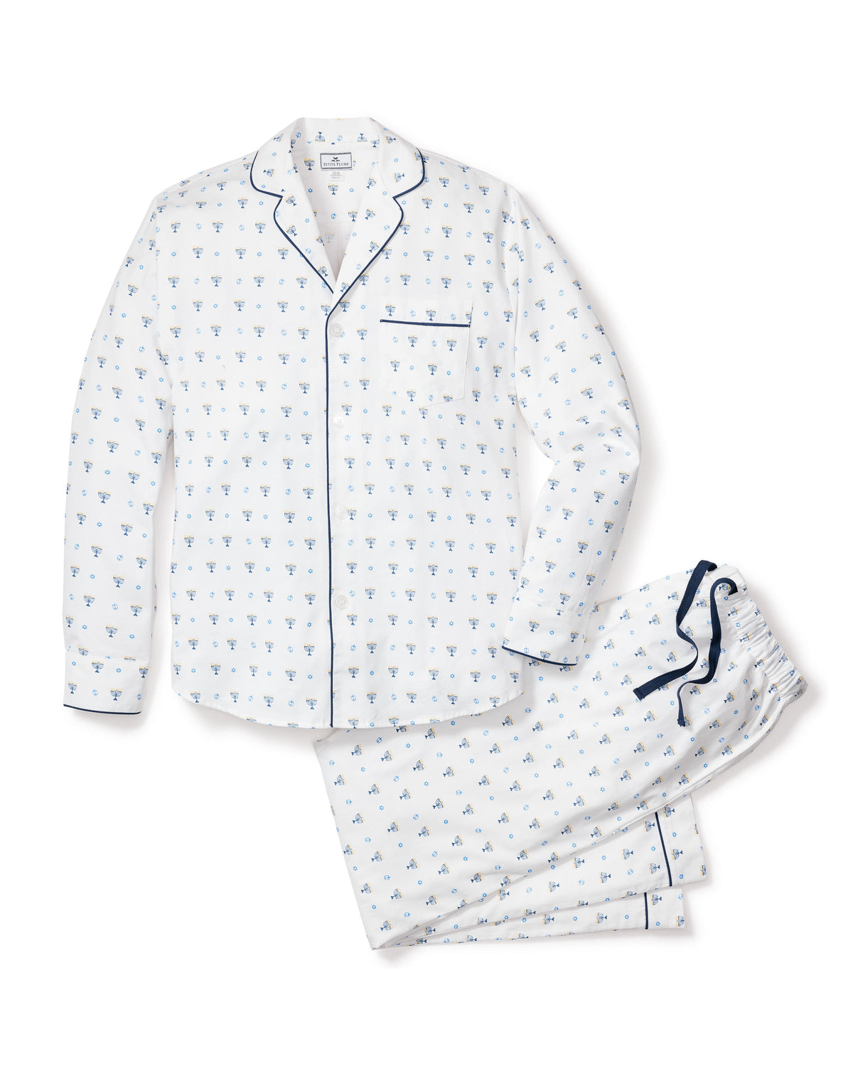 Front view of white cotton Men’s Happy Hanukkah Pajama Set with menorah print, contrast piping, pearl buttons, and matching pants