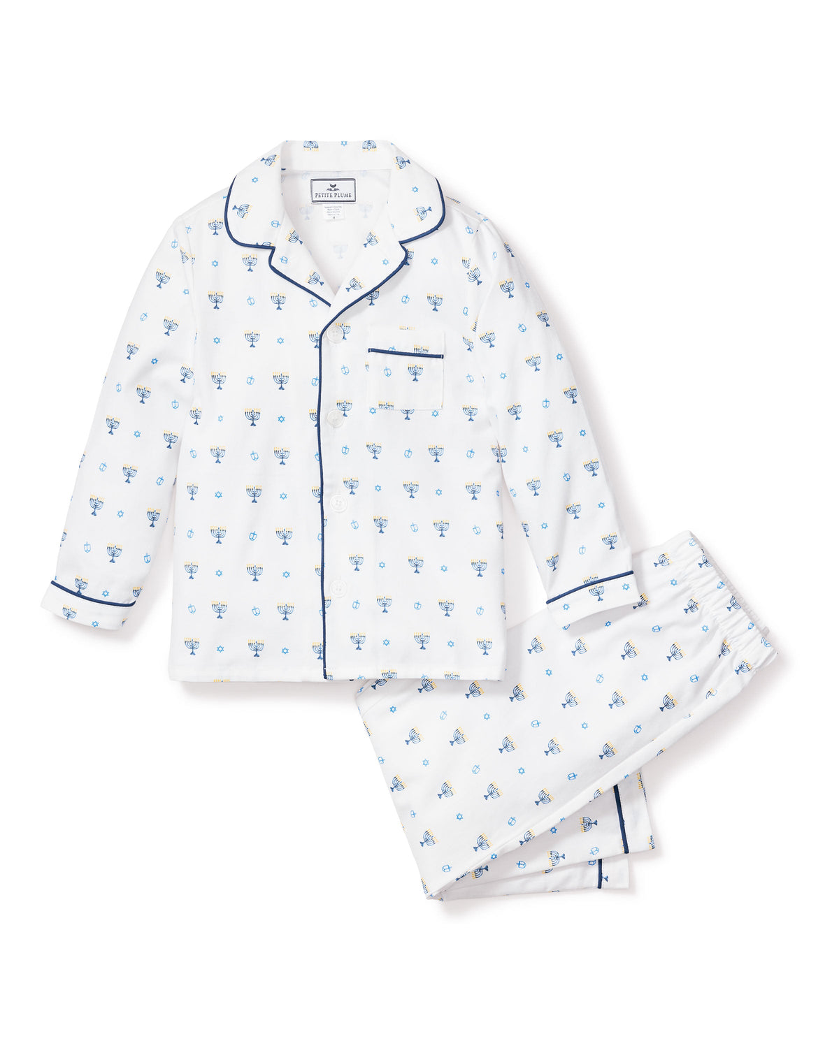 Front view of Children’s Happy Hanukkah pajama set with blue menorah and star print and navy piping