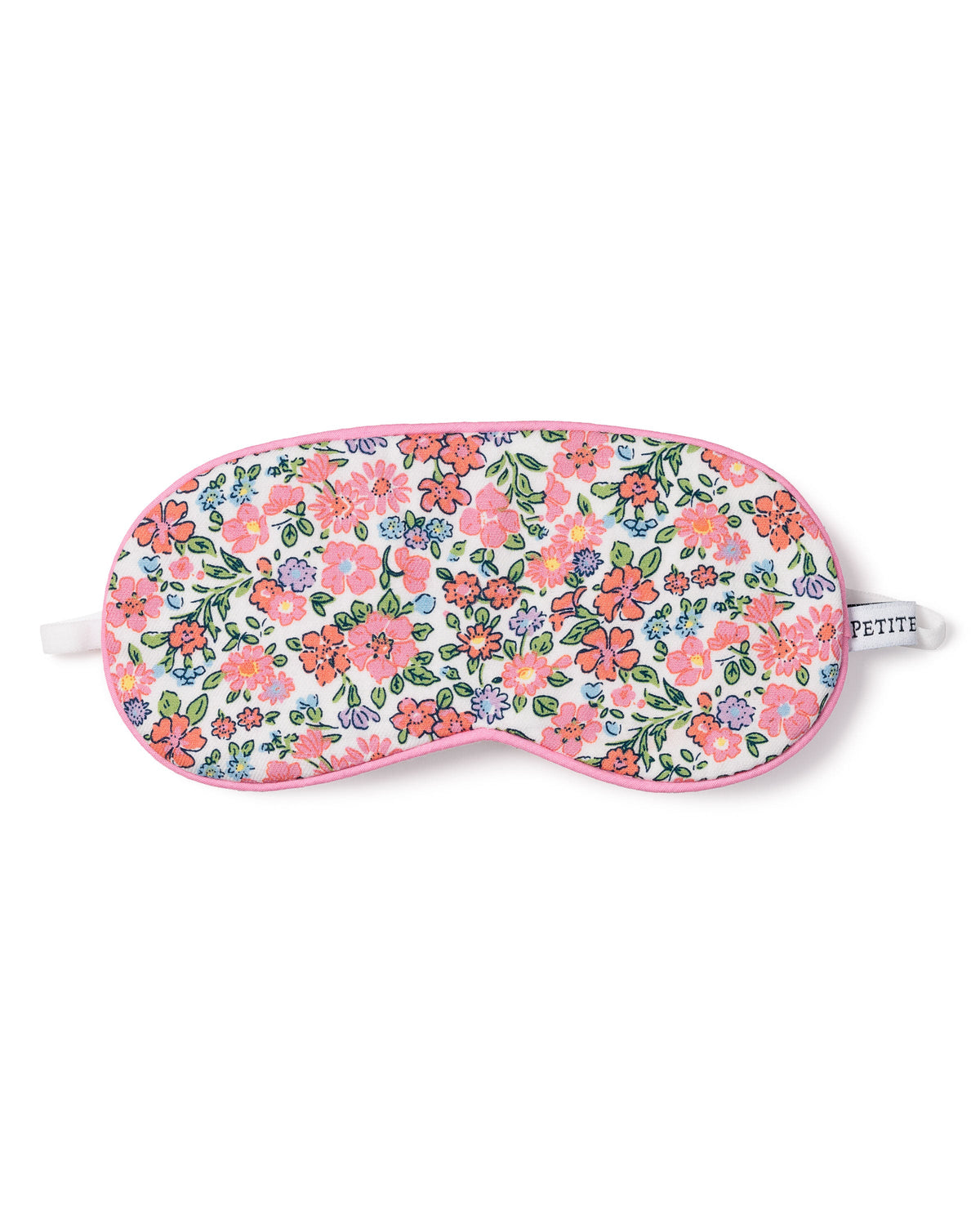 Front view of Children’s Fleurs de Rose Sleep Mask showcasing hand-drawn floral print and pink edging with a white background