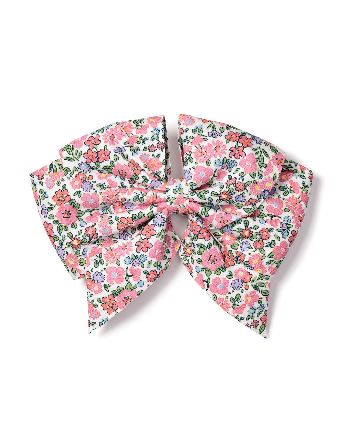 Front view of Fleurs de Rose hair bow showcasing hand-drawn floral prints in soft pinks, purples, and greens on white