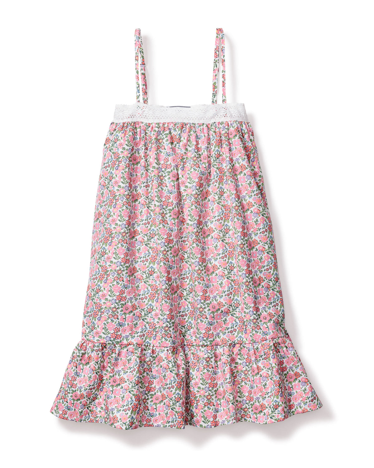 Front view of Children’s Fleurs de Rose Lily Nightgown showcasing a floral print and lace-trimmed neckline on white