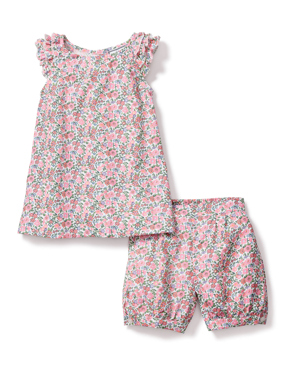 Front view of Children’s Fleurs de Rose Amelie Short Set showcasing ruffled sleeves and floral print on a white background
