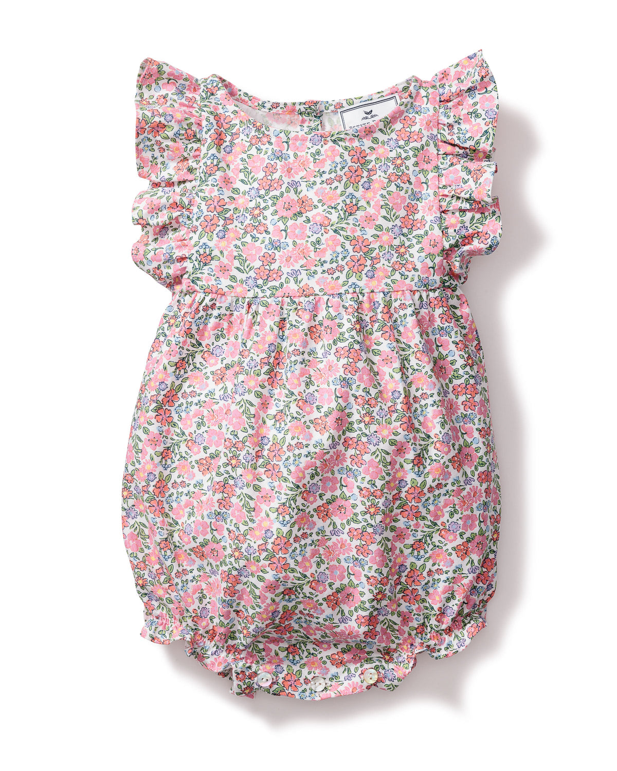Front view of Children’s Fleurs de Rose Ruffled Romper with floral print, ruffled sleeves and pearl buttons