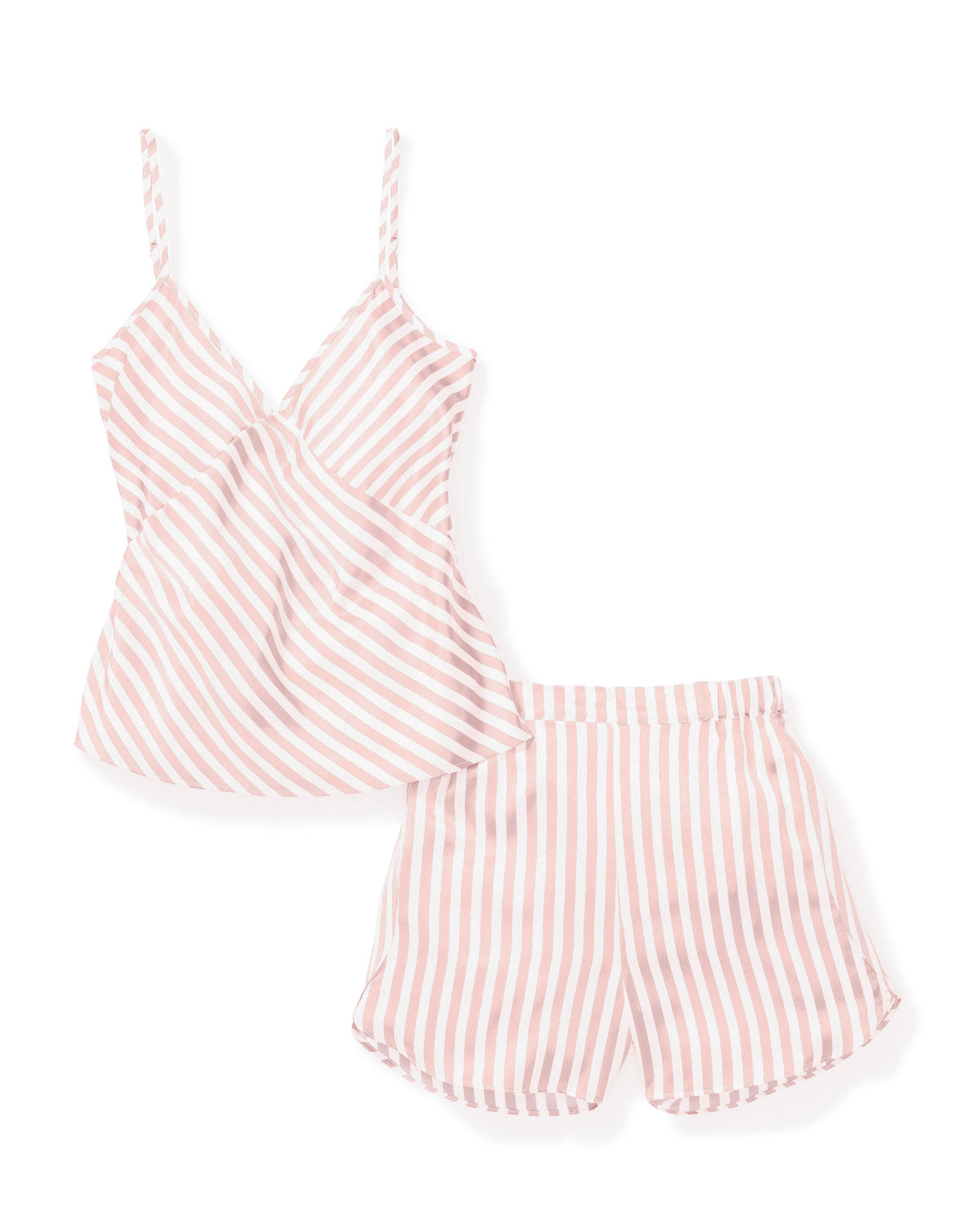 Flat lay of Women’s Pink Stripe Silk Cami Short Set showcasing pink parallel stripes with white background