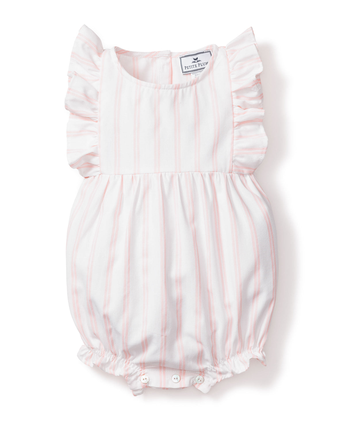 Front view of Children’s Pink and White Stripe Ruffled Romper showcasing ruffled sleeves and pearl buttons with a white background