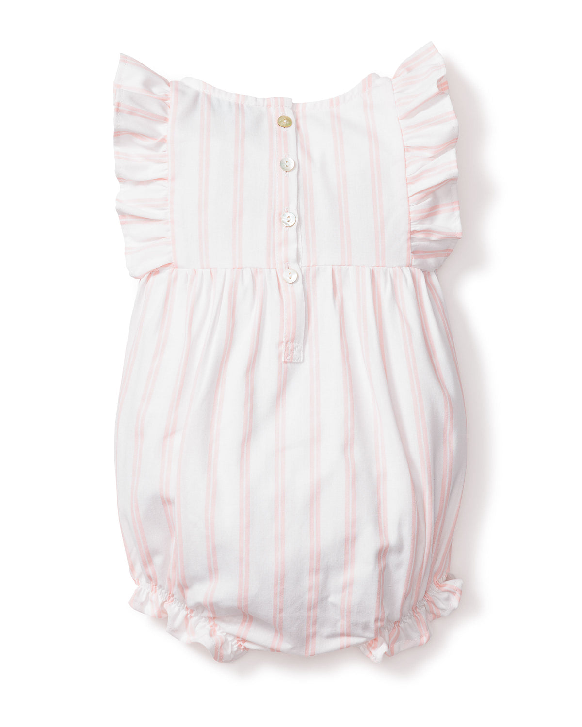 Front view of Children’s Pink and White Stripe Ruffled Romper showcasing ruffled sleeves and pearl buttons