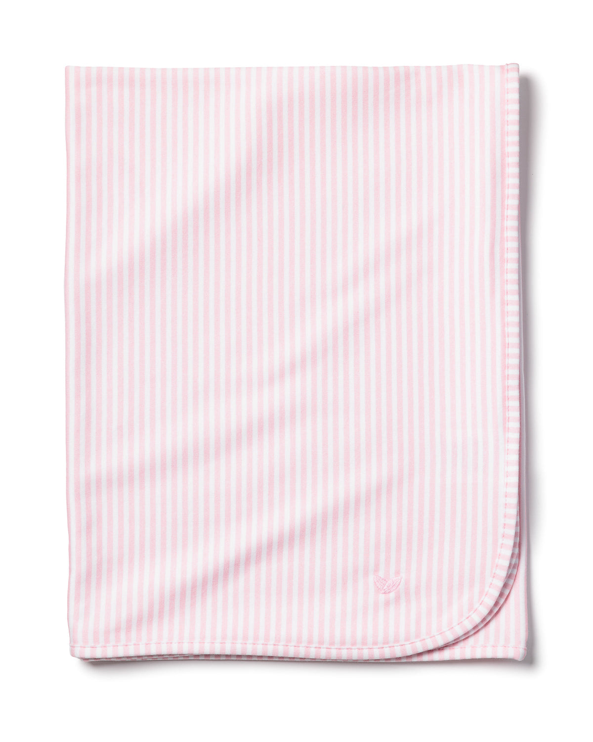 Front view of Infant’s Pima Cotton Pink Stripes Blanket showcasing pink vertical stripes and rounded edging with white background