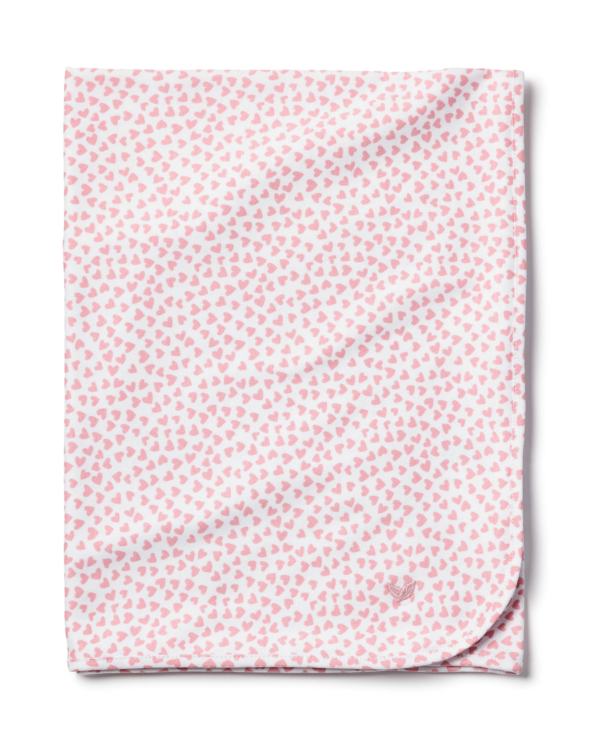 Front view of Pima Cotton Sweethearts Baby Blanket showcasing pink heart pattern on a white background