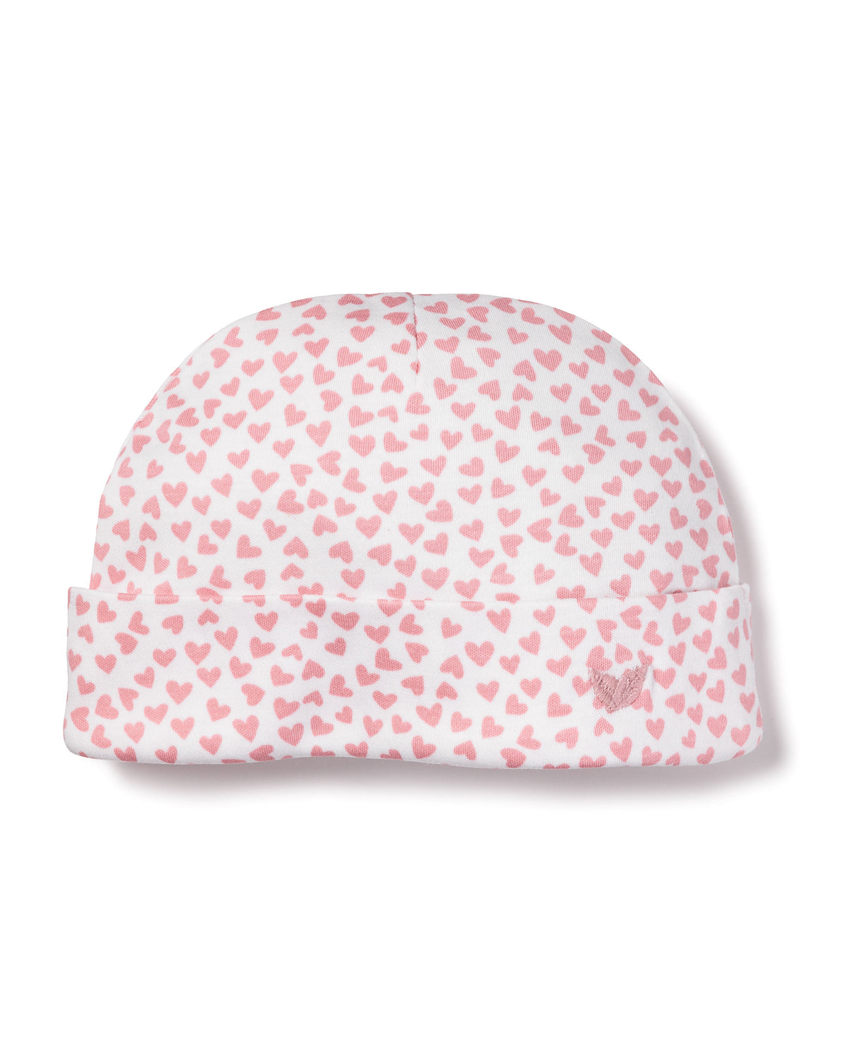 Front view of Infant’s Sweethearts Pima Cotton Hat showcasing pink heart pattern and folded cuff on white background
