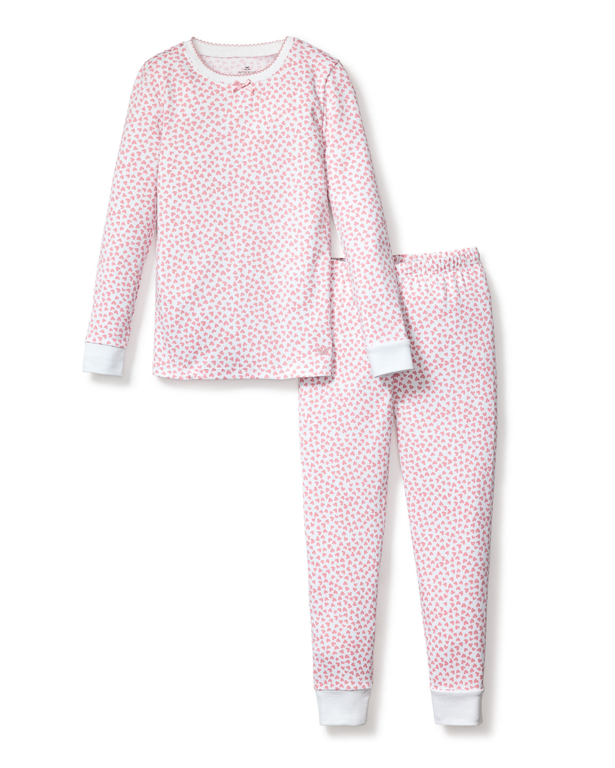 Front view of children’s Sweethearts snug-fit Pima cotton pajama set with pink heart print and white contrast cuffs on white background